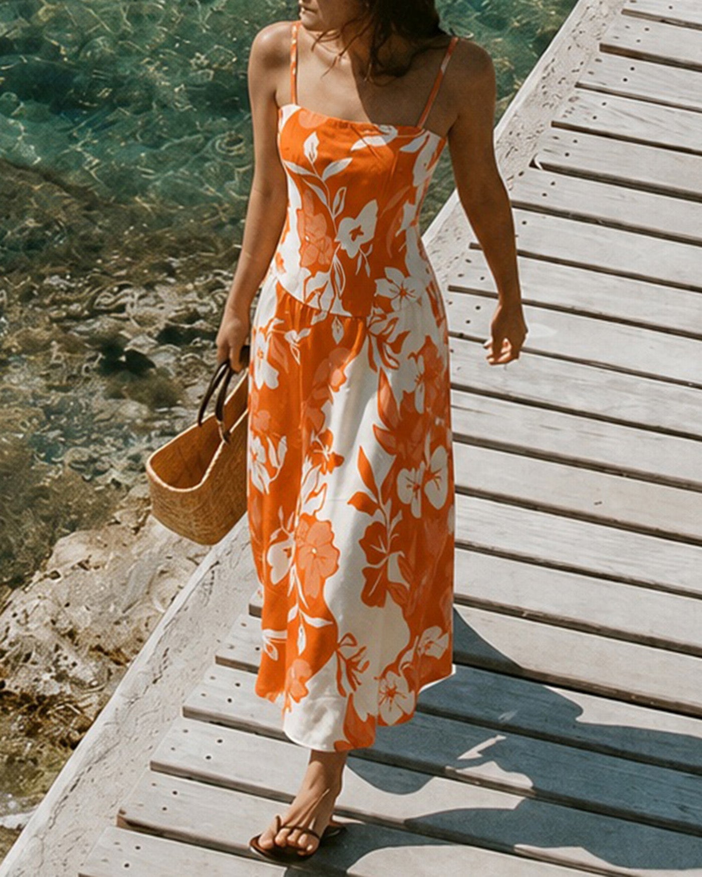 Orange Floral Slip A-Line Maxi Dress