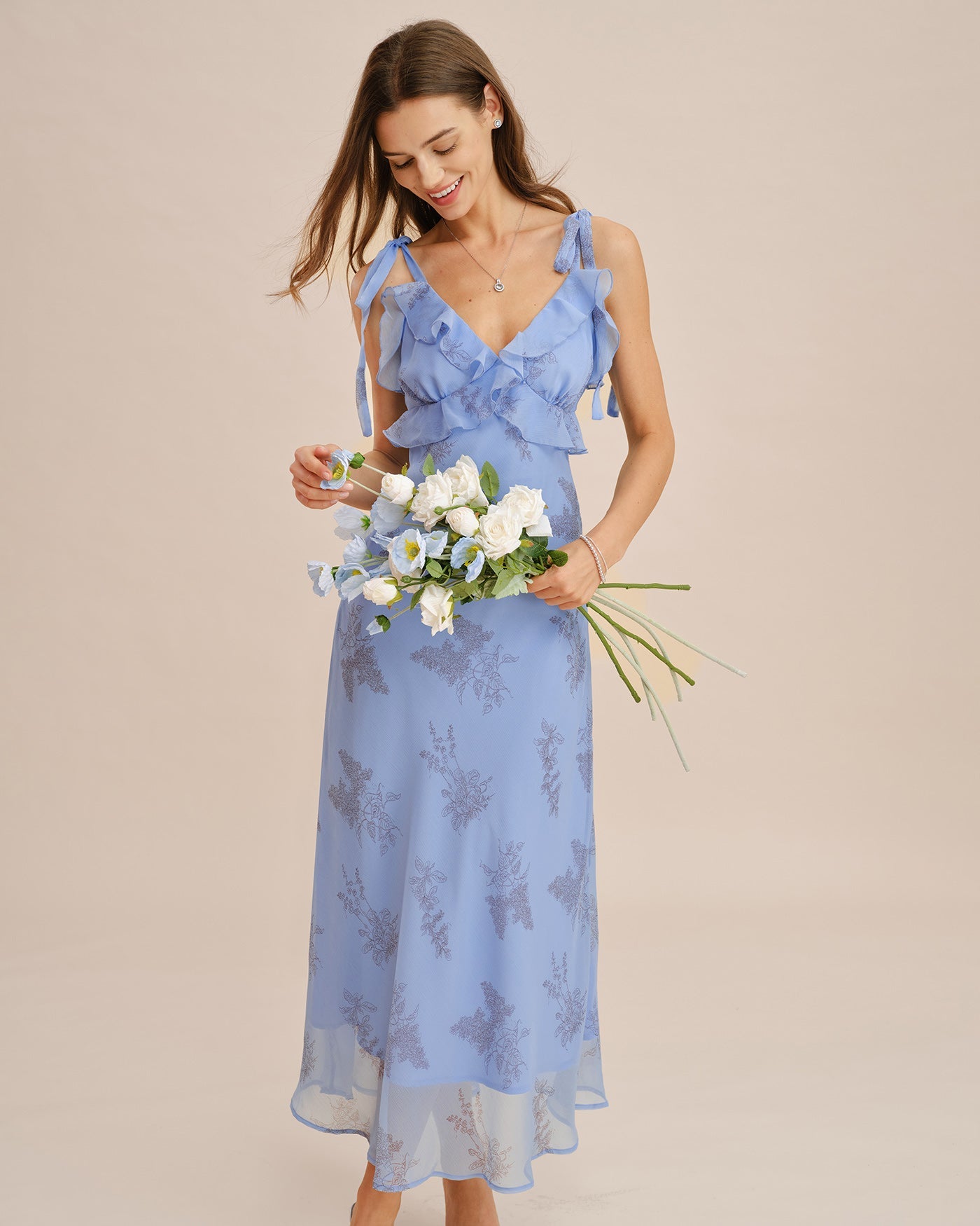 Blue Floral Ruffle Tie Strap Maxi Dress