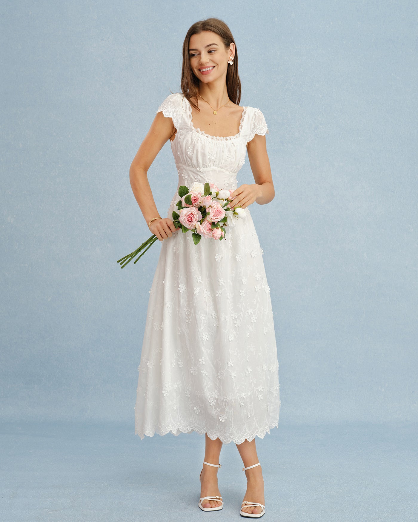 White Square Neck Lace Flowers Maxi Dress