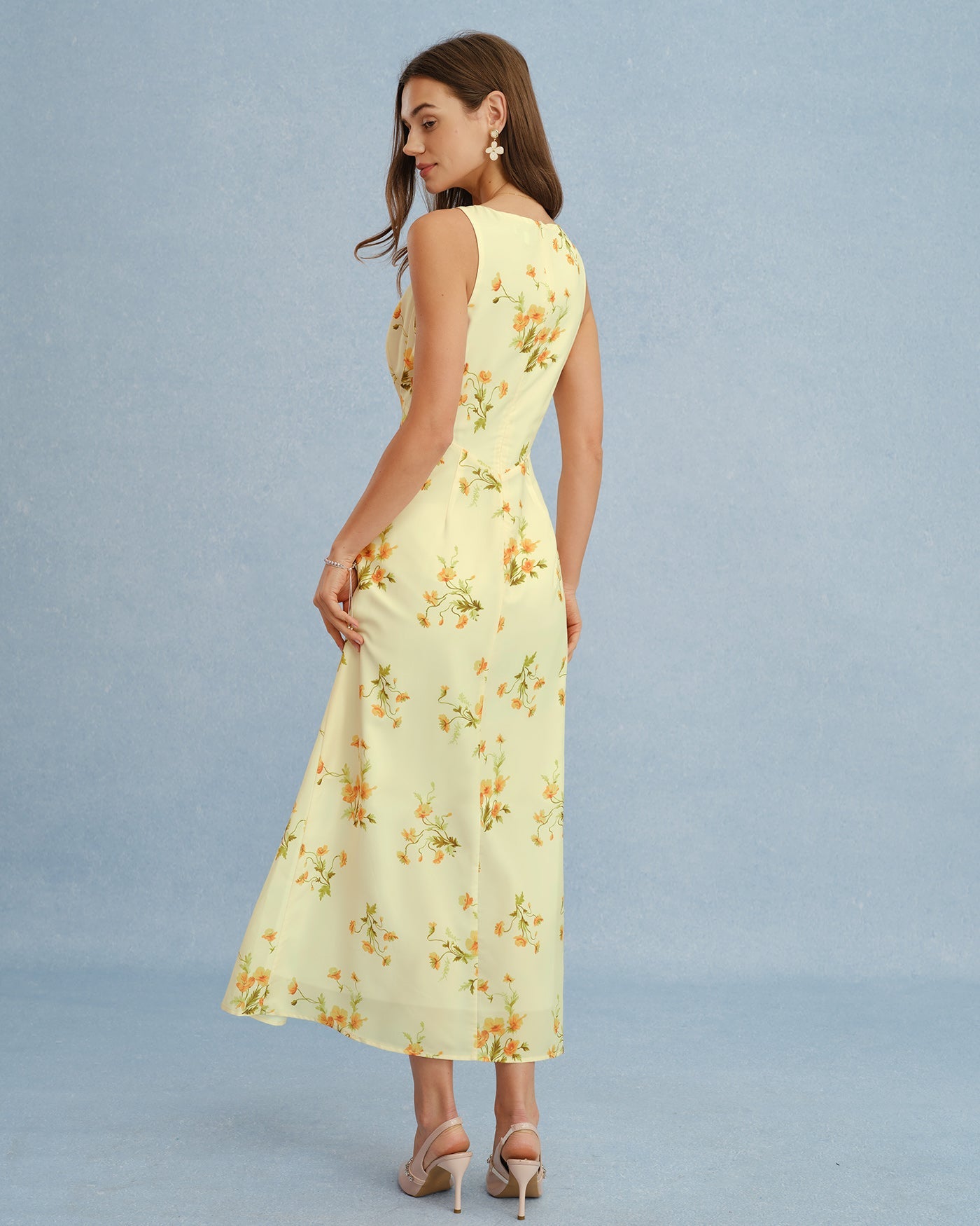 Yellow V Neck Floral Chiffon Maxi Dress