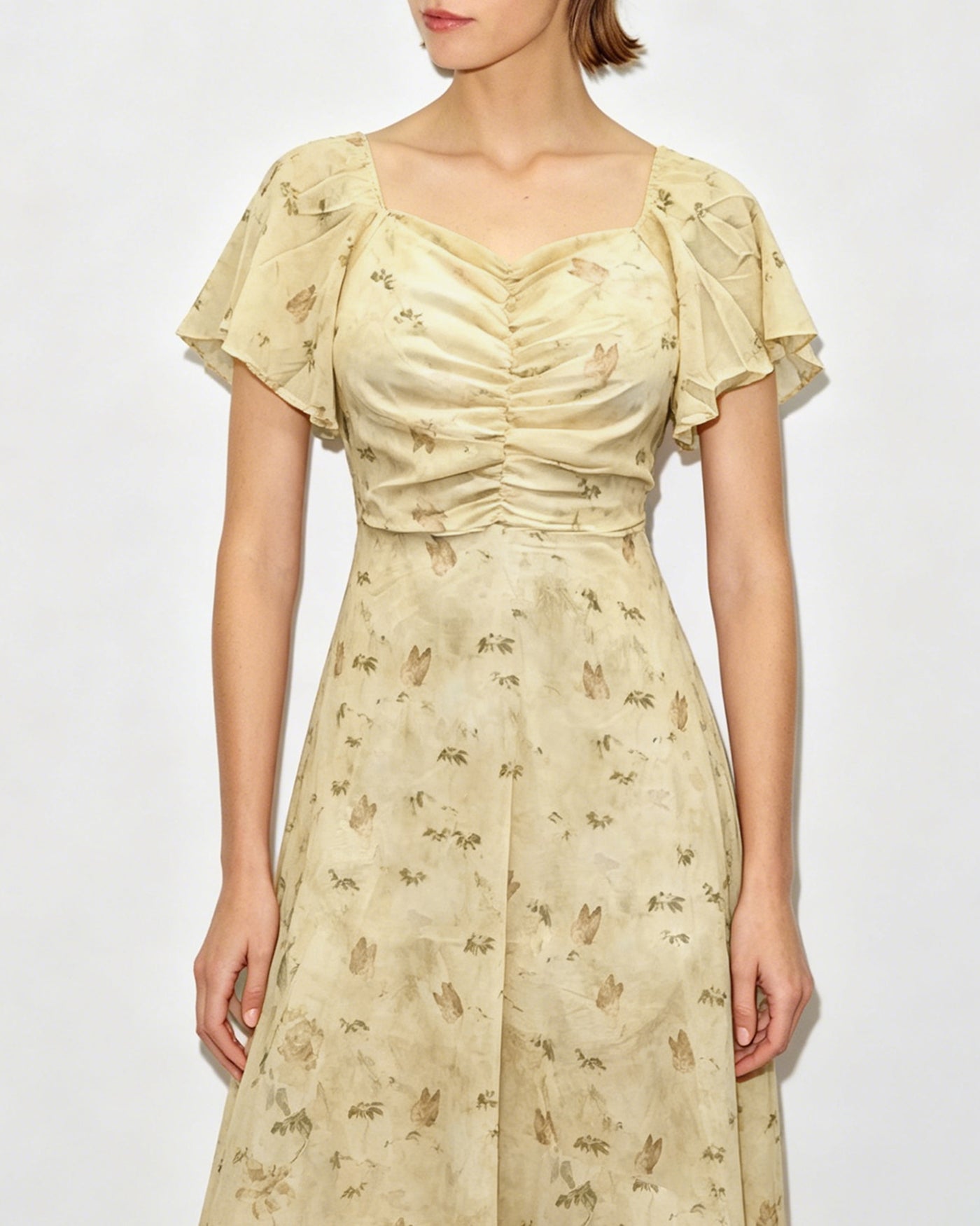 Yellow V Neck Ruched Floral Maxi Dress
