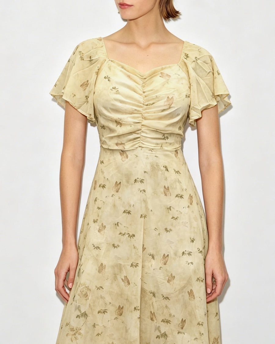 Yellow V Neck Ruched Floral Maxi Dress