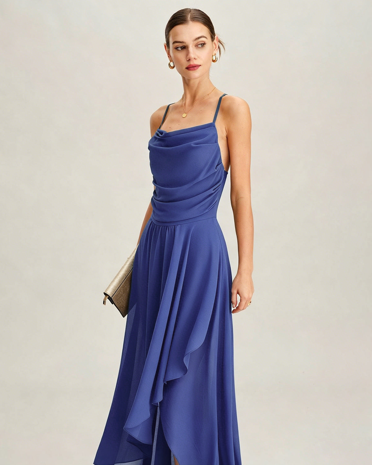 Blue Square Neck Slip Chiffon Maxi Dress