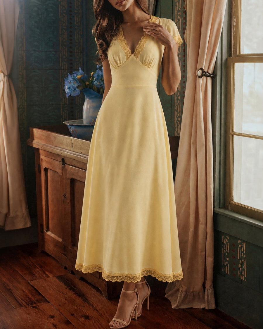 Yellow V Neck Lace Splicing Maxi Dress