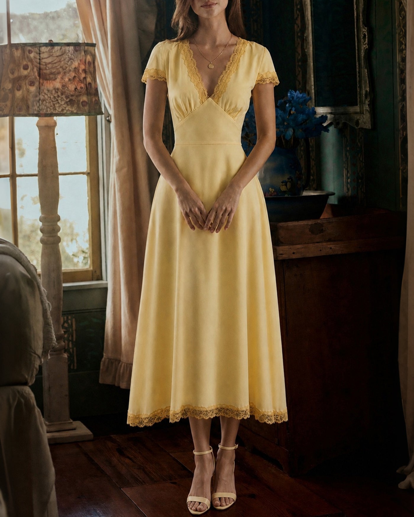 Yellow V Neck Lace Splicing Maxi Dress