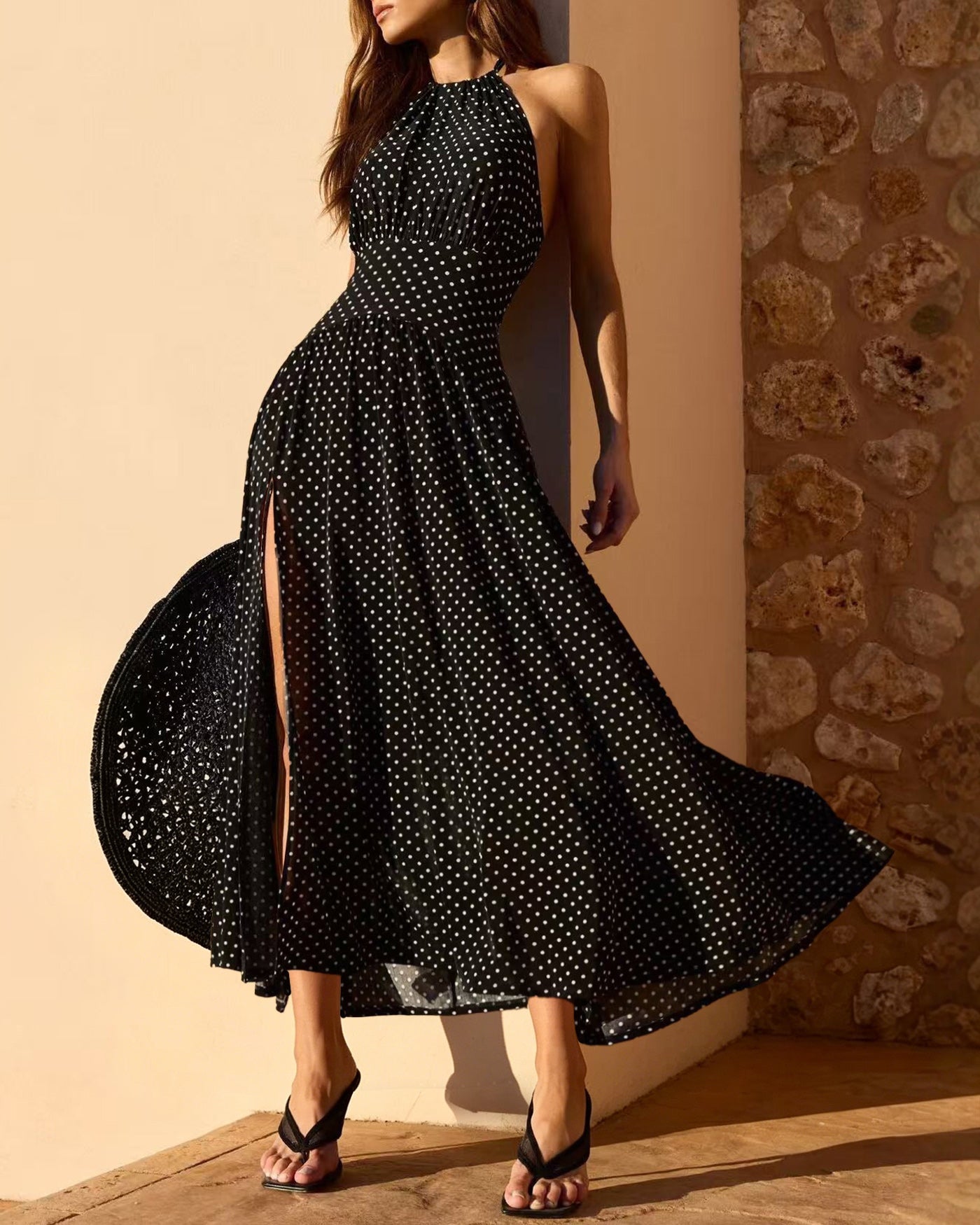 Black Halter Tie Polka Dot Maxi Dress