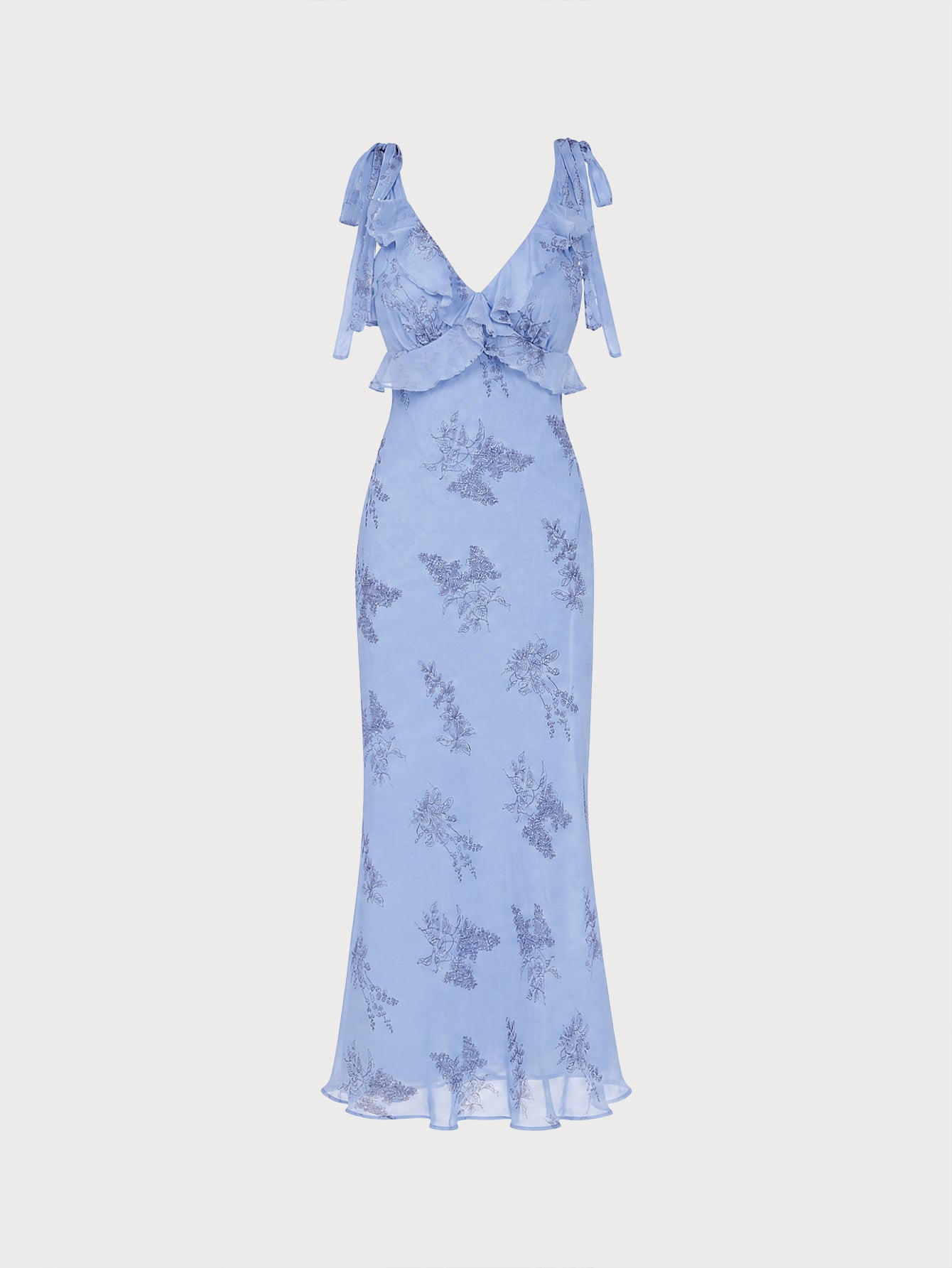 Blue Floral Ruffle Tie Strap Maxi Dress
