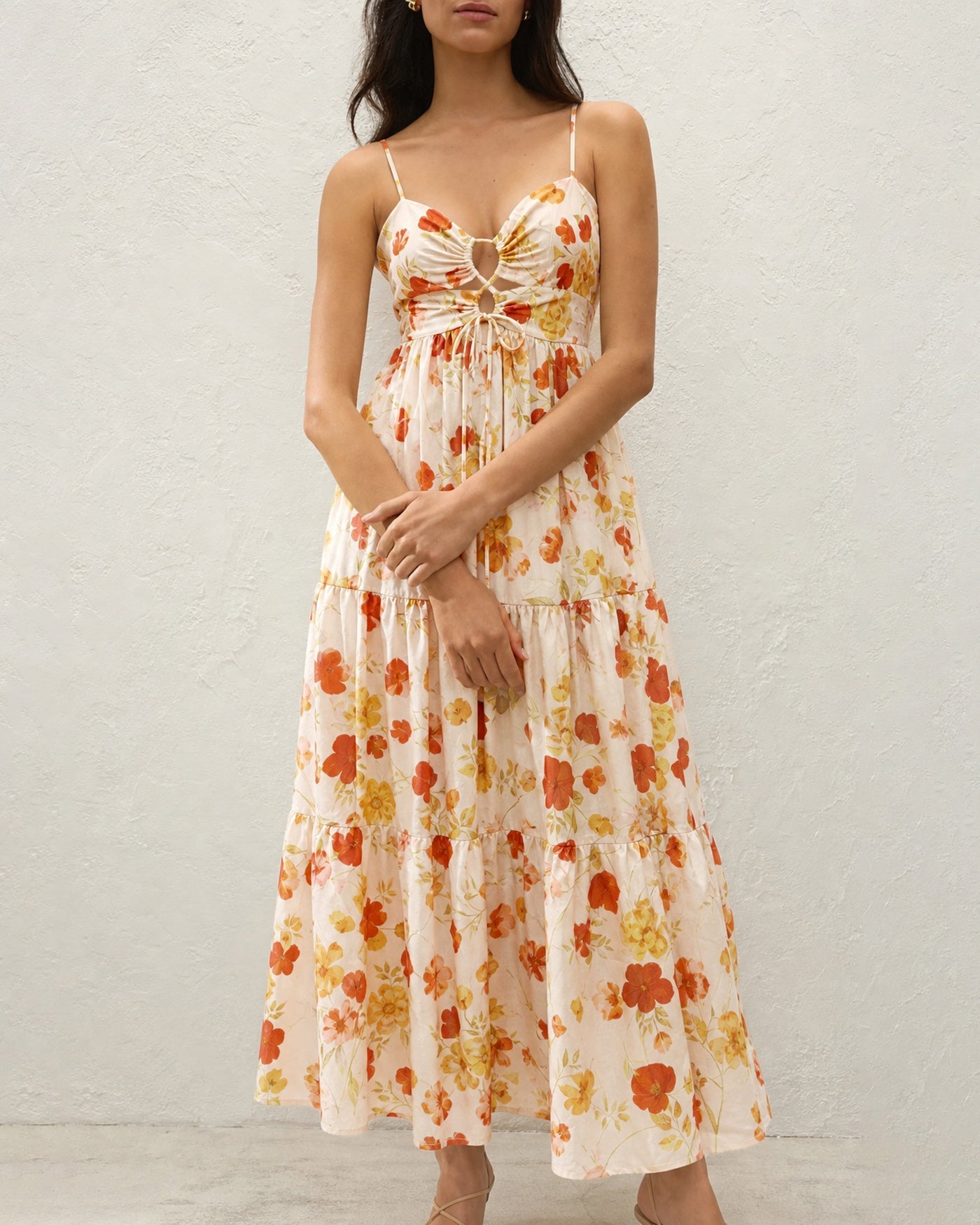 Yellow Floral Shirred Slip Maxi Dress