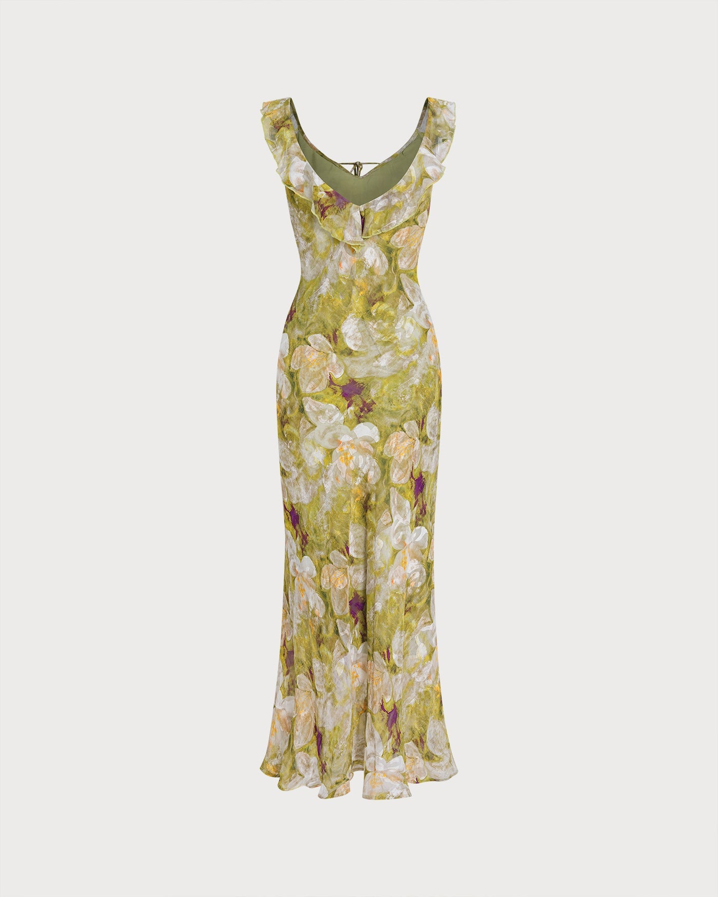 Green V Neck Floral Ruffle Maxi Dress