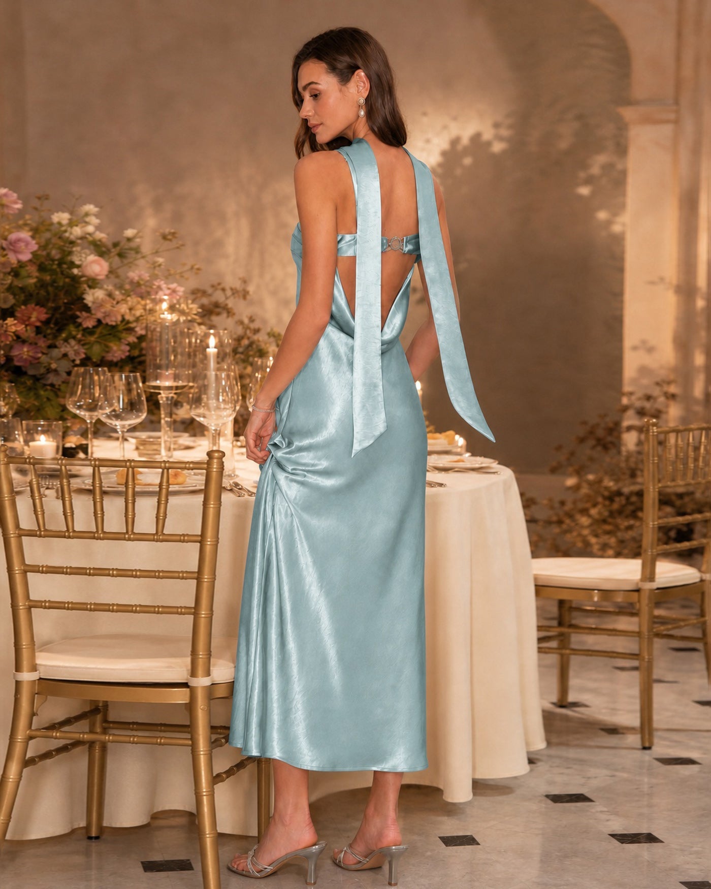 Green Flowy Mermaid Satin Maxi Dress
