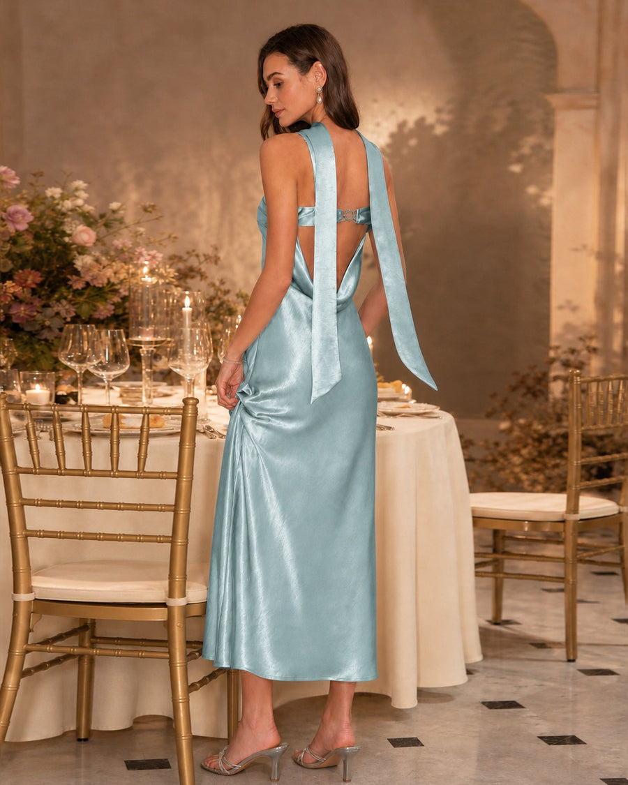 Green Flowy Mermaid Satin Maxi Dress