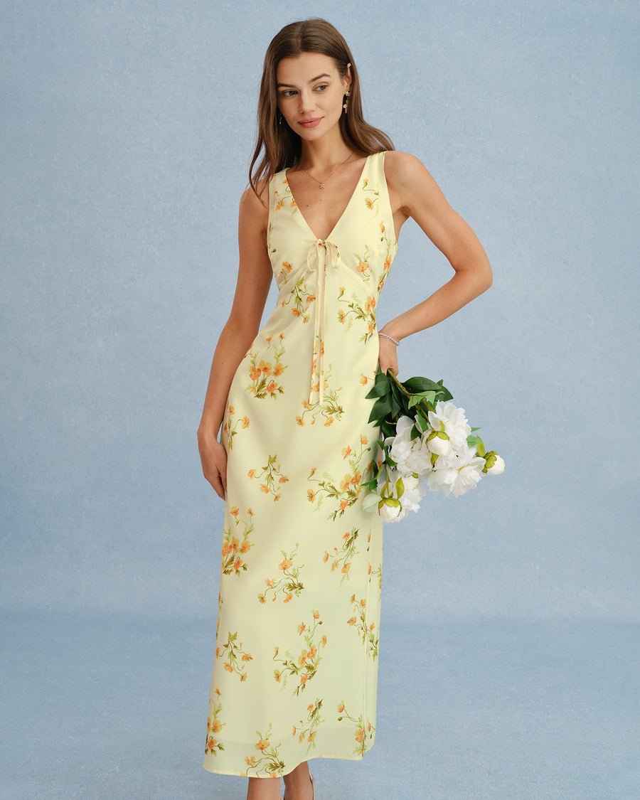 Yellow V Neck Floral Chiffon Maxi Dress