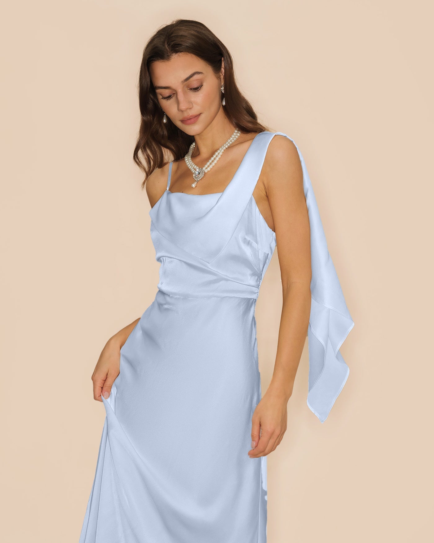 Blue Square Neck Flowy Satin Maxi Dress