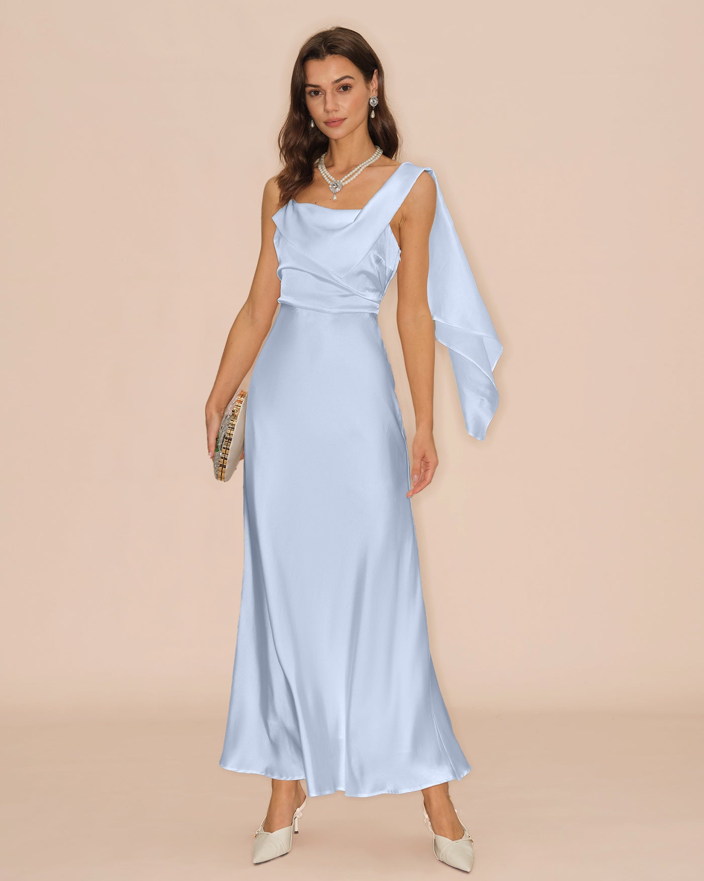 Blue Square Neck Flowy Satin Maxi Dress