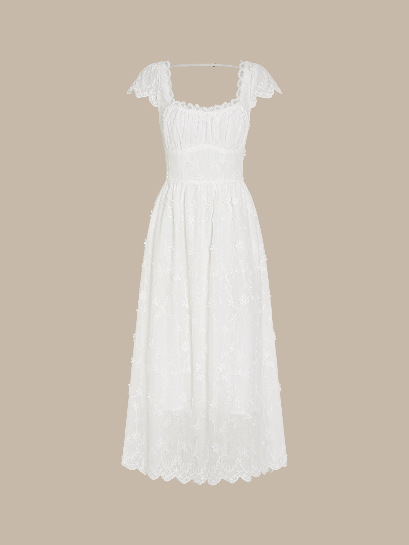 White Square Neck Lace Flowers Maxi Dress