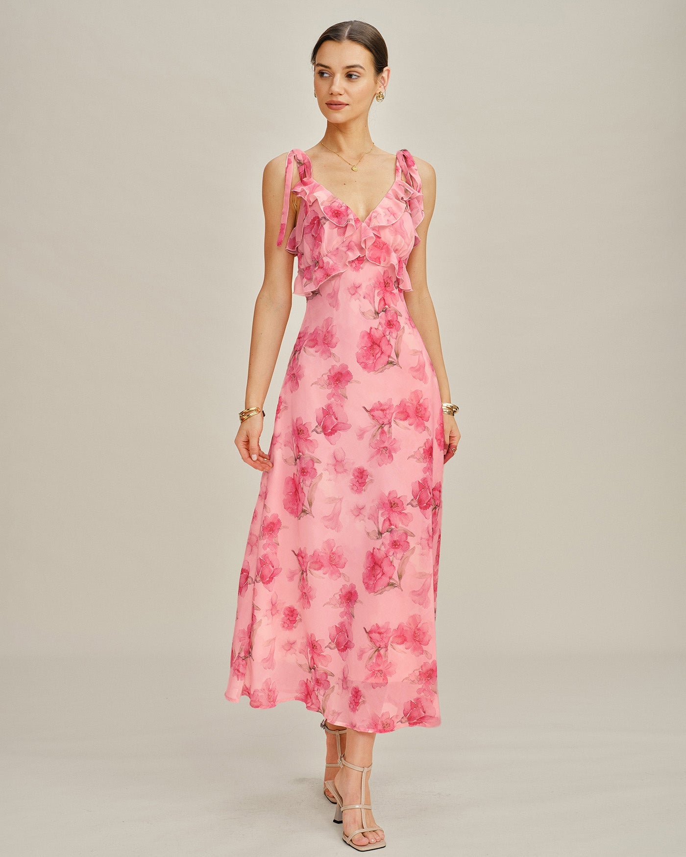 Pink Floral Ruffle Slip Chiffon Maxi Dress