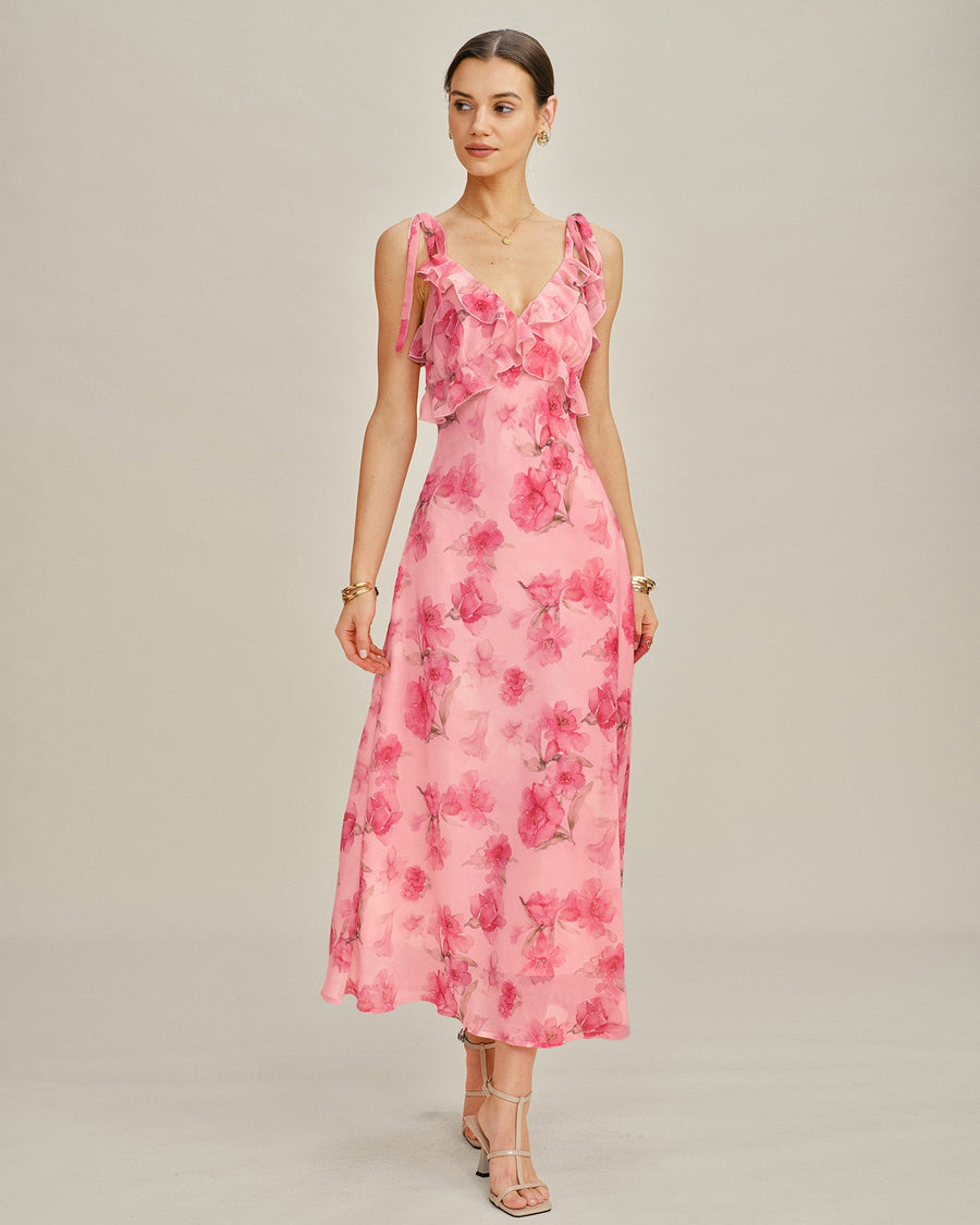 Pink Floral Ruffle Slip Chiffon Maxi Dress