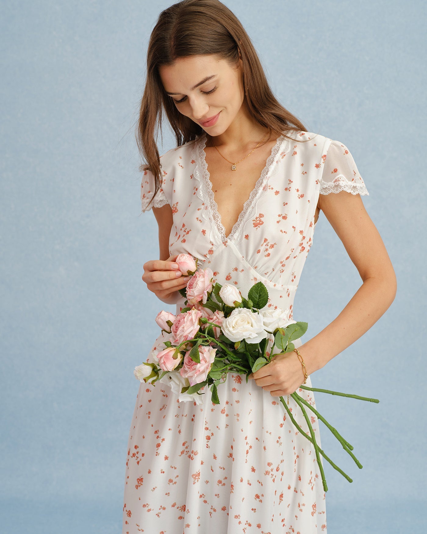 Off White V Neck Lace Floral Maxi Dress