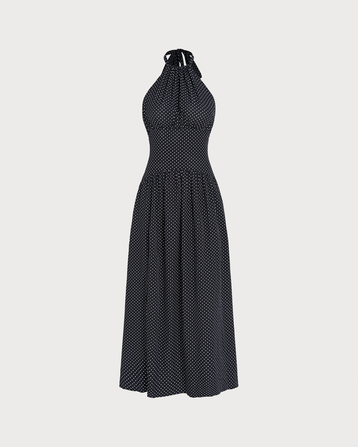 Black Halter Tie Polka Dot Maxi Dress
