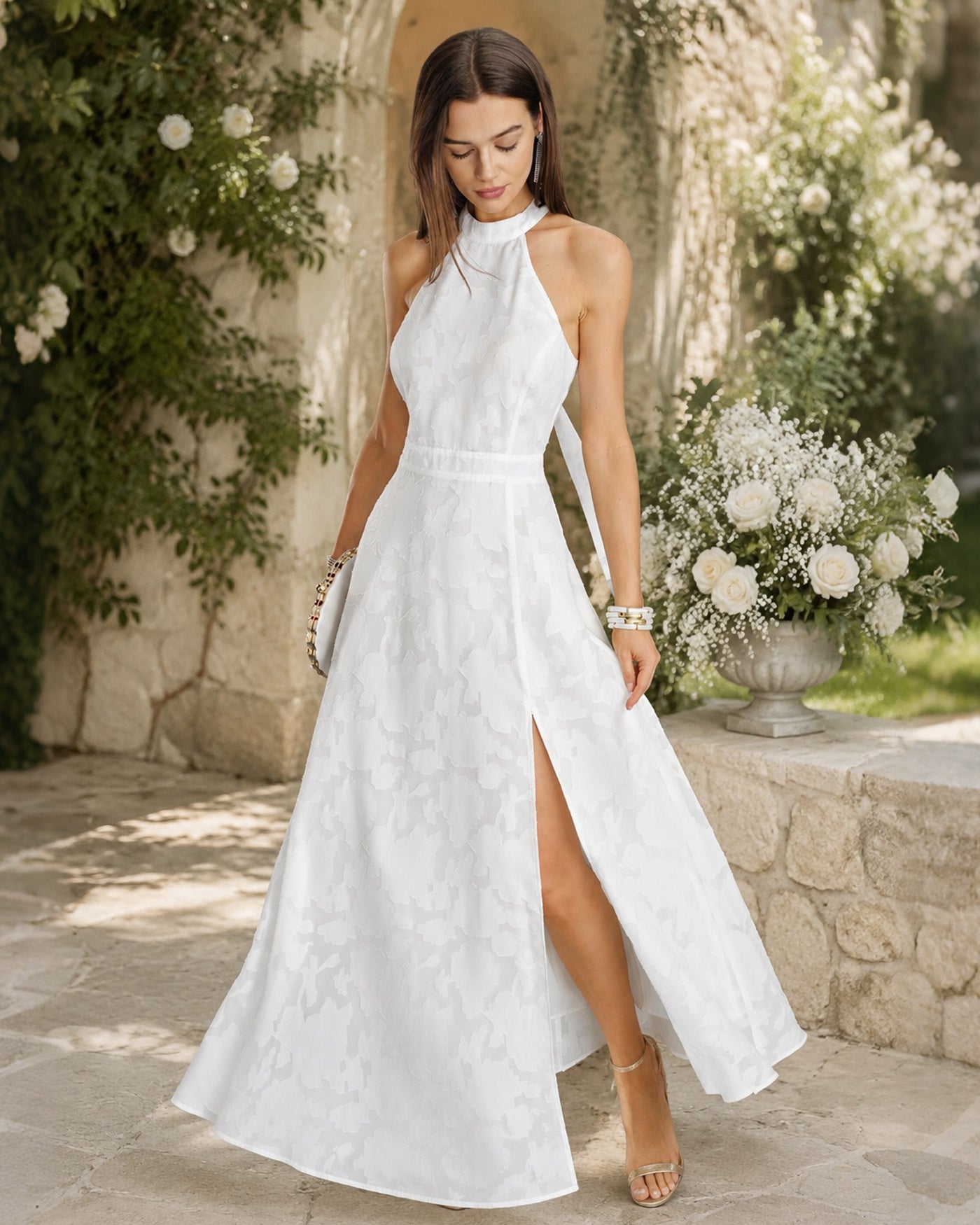 White Backless Bowknot Maxi Dress