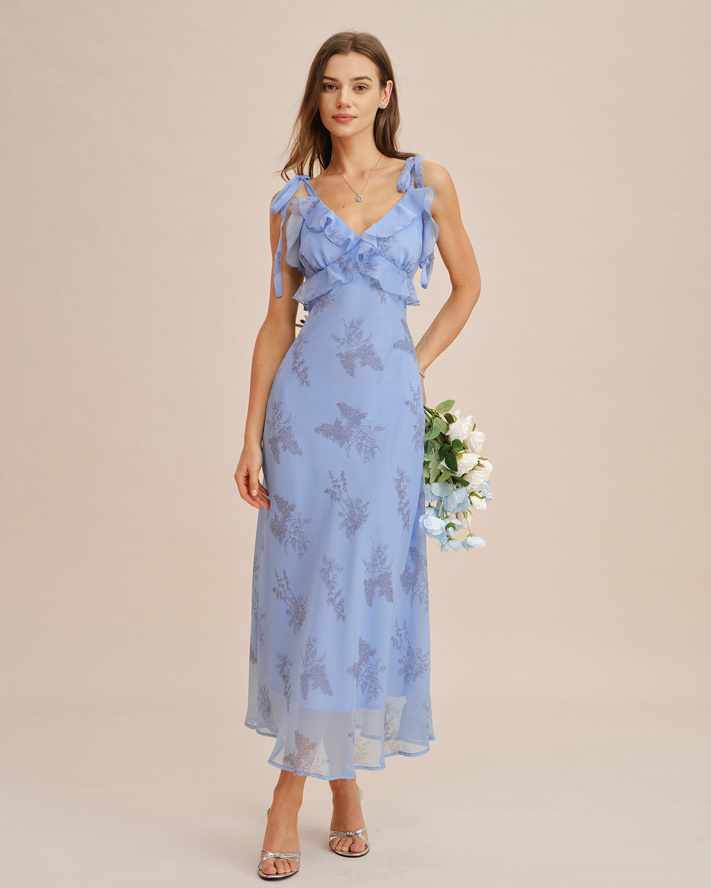 Blue Floral Ruffle Tie Strap Maxi Dress