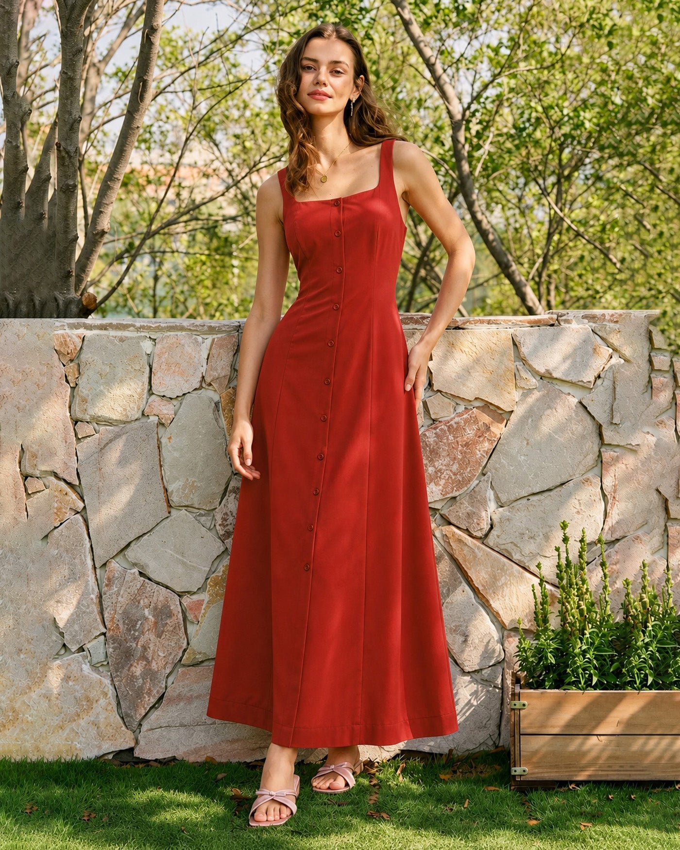 Red Square Neck Button Maxi Dress