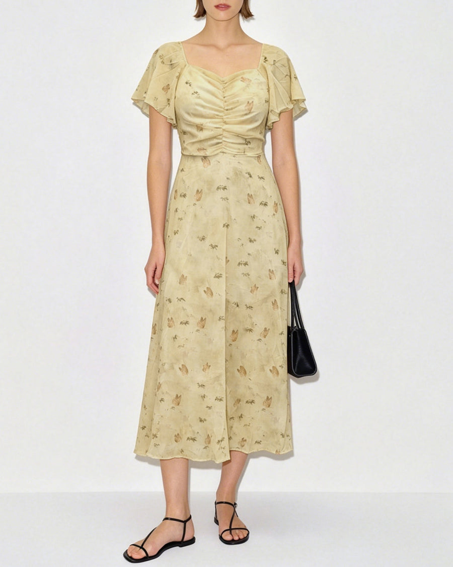 Yellow V Neck Ruched Floral Maxi Dress