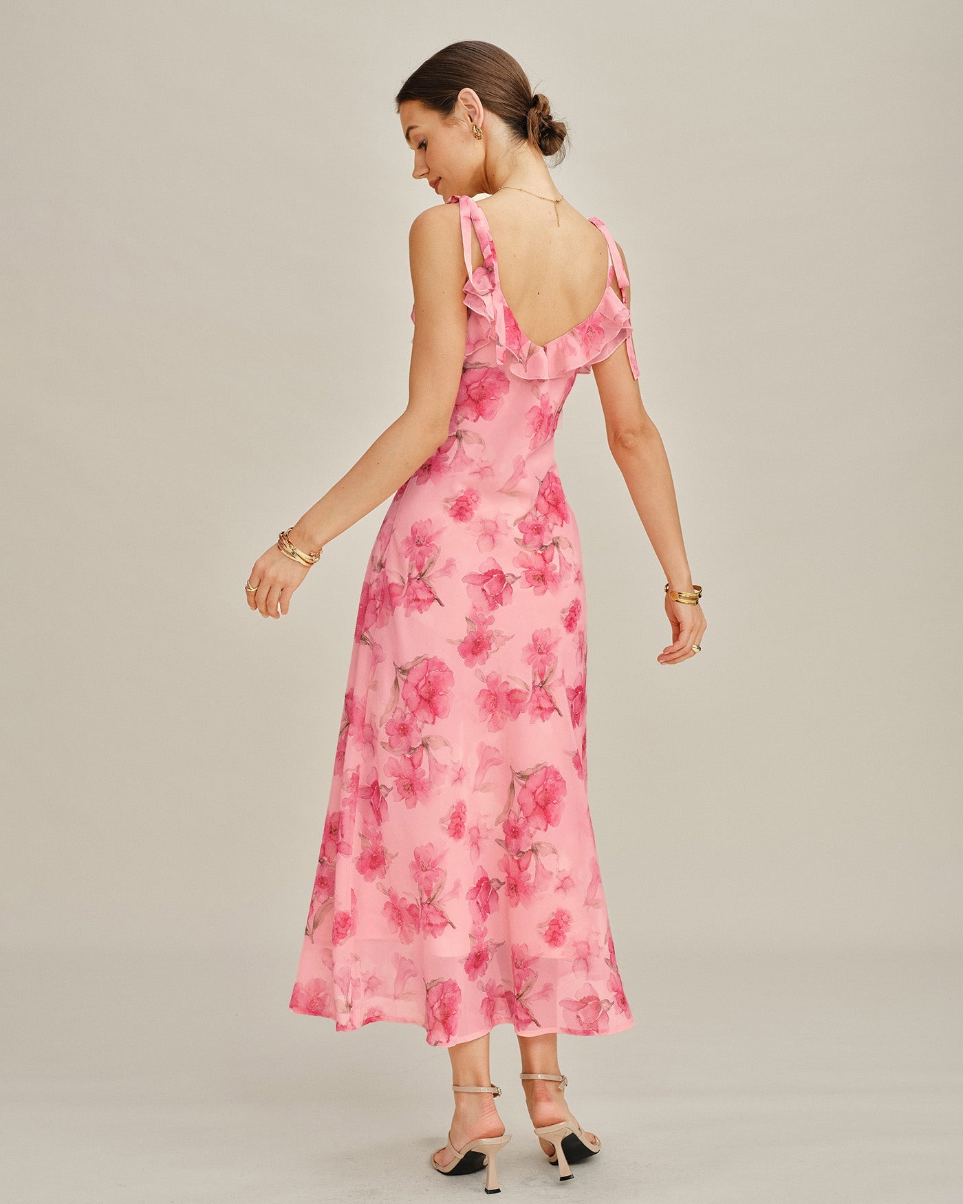 Pink Floral Ruffle Slip Chiffon Maxi Dress
