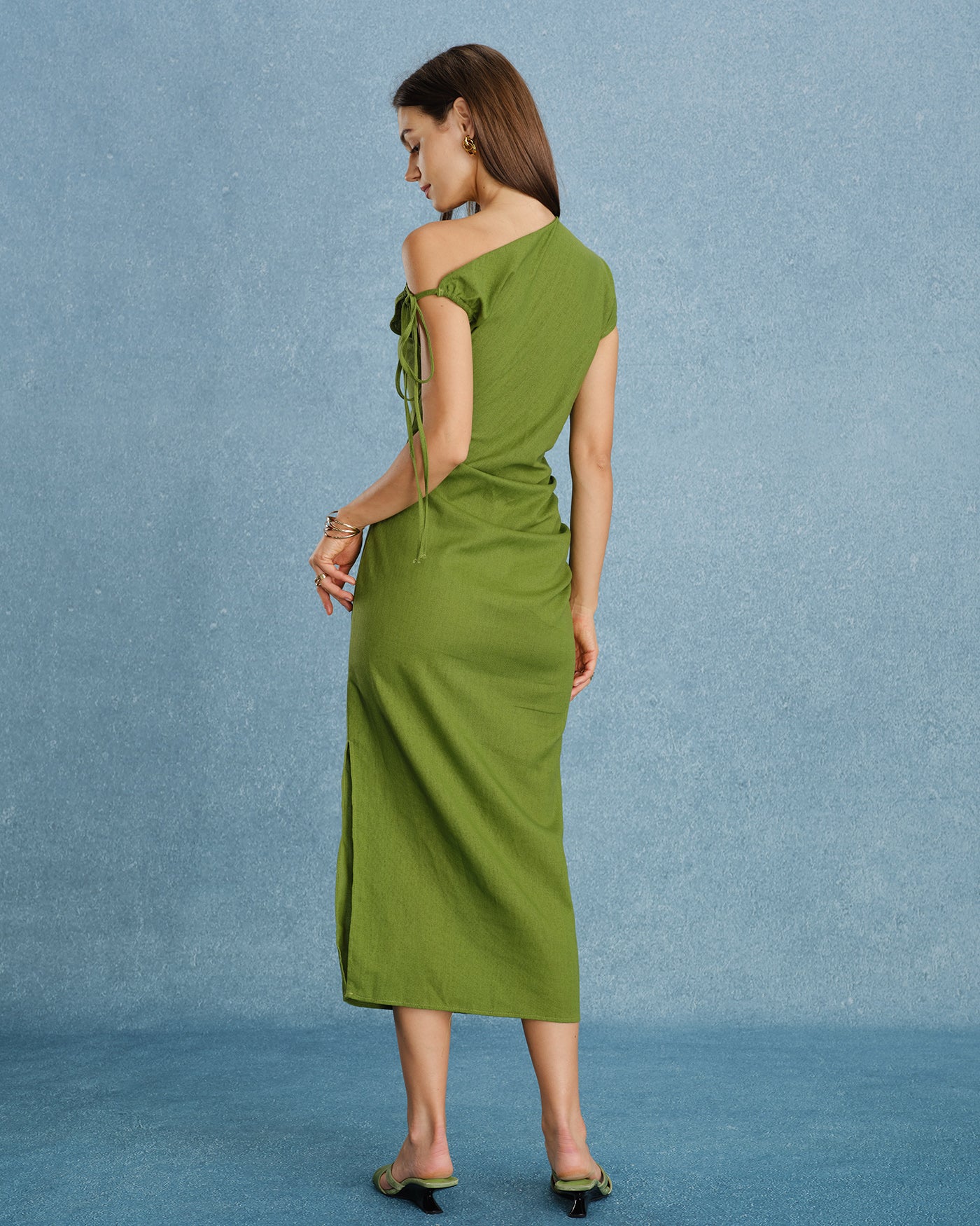Green One Shoulder Ruched Maxi Dress