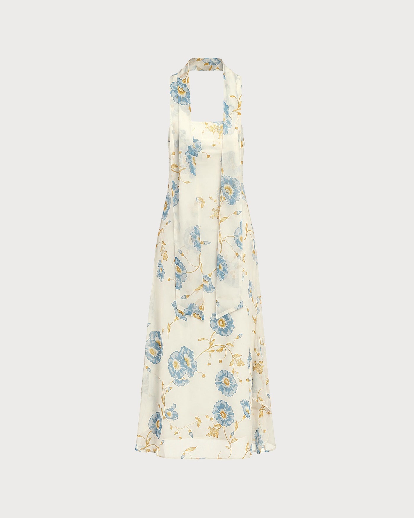 Beige Floral Tie Chiffon Maxi Dress