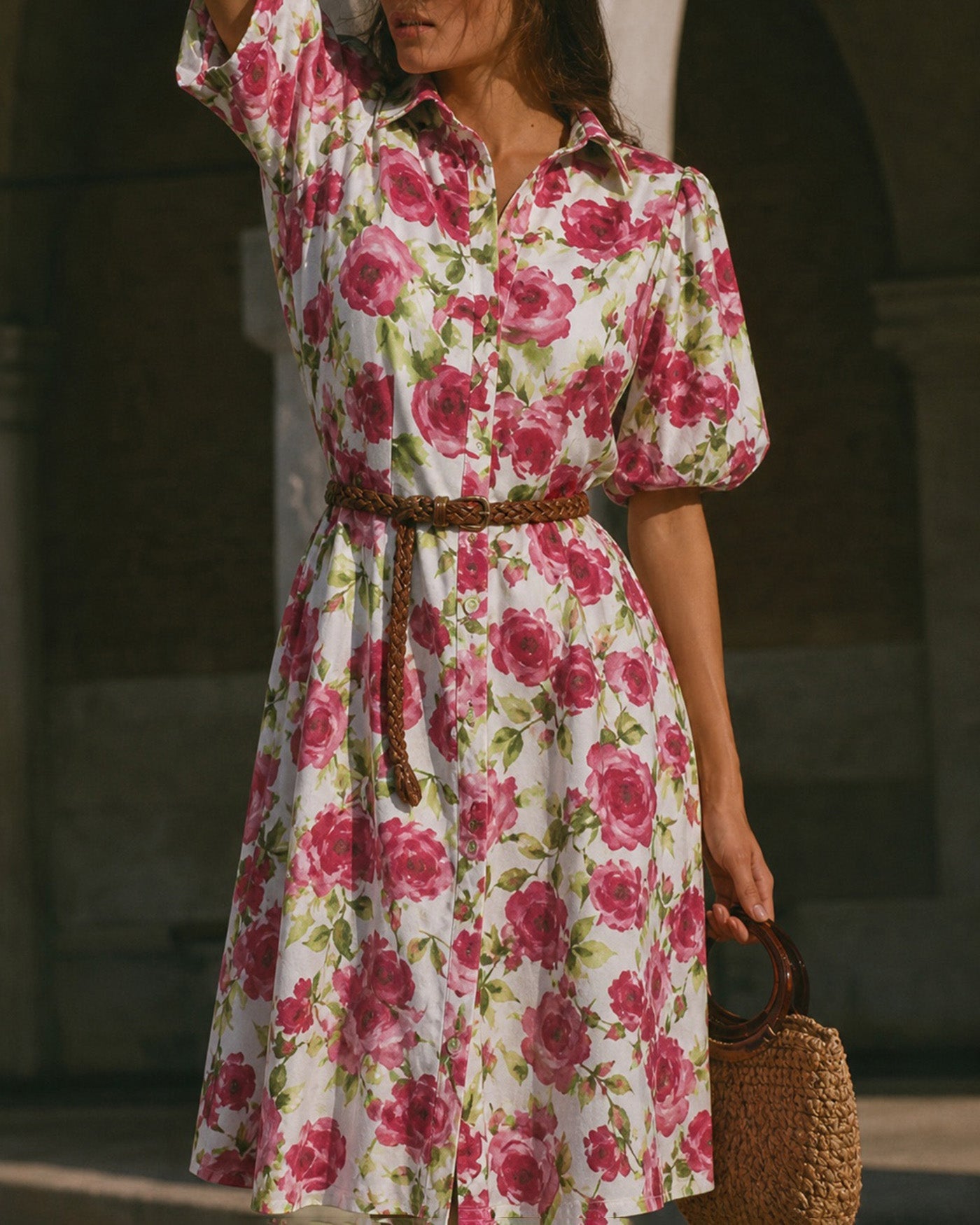 Pink Collar Belt Floral Maxi Dress