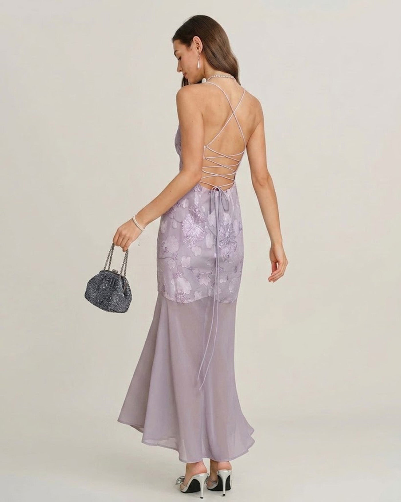 Purple Sequins Jacquard Slip Maxi Dress