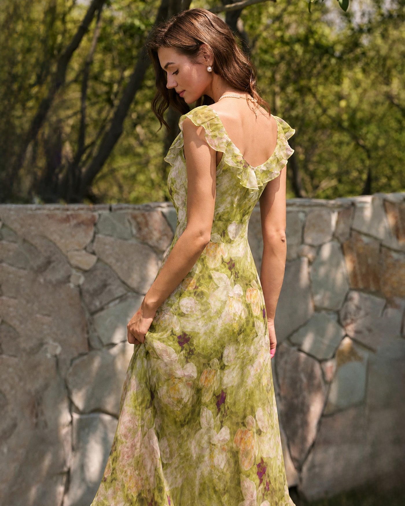 Green V Neck Floral Ruffle Maxi Dress