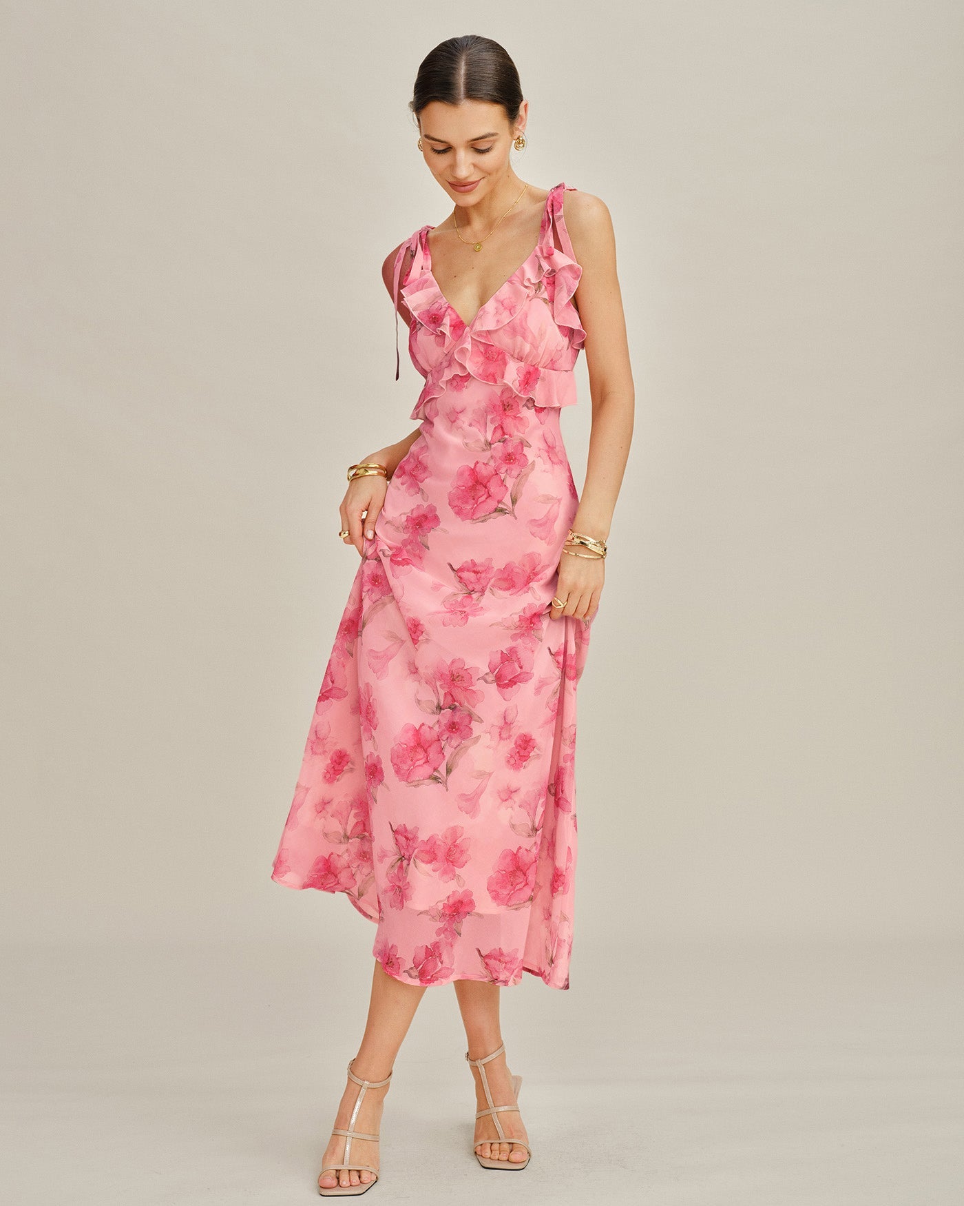 Pink Floral Ruffle Slip Chiffon Maxi Dress
