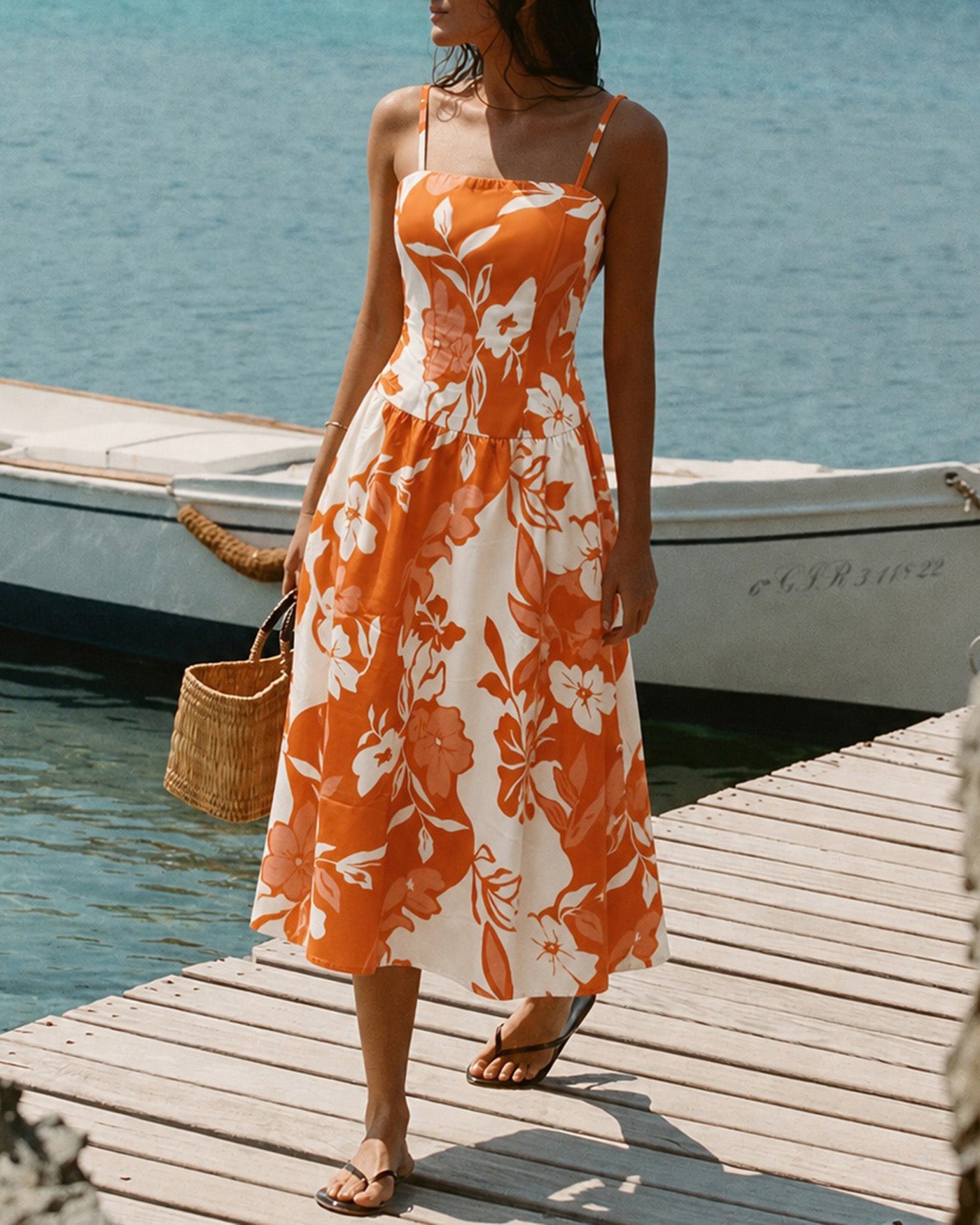 Orange Floral Slip A-Line Maxi Dress