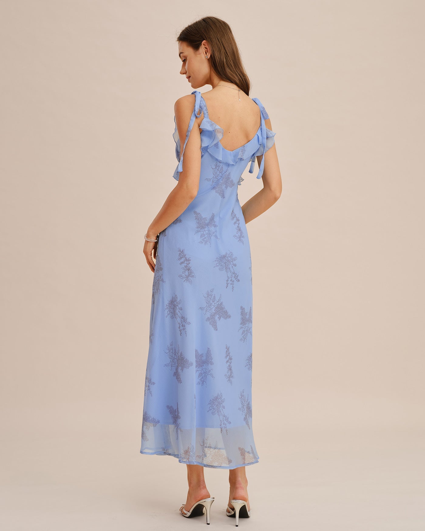 Blue Floral Ruffle Tie Strap Maxi Dress