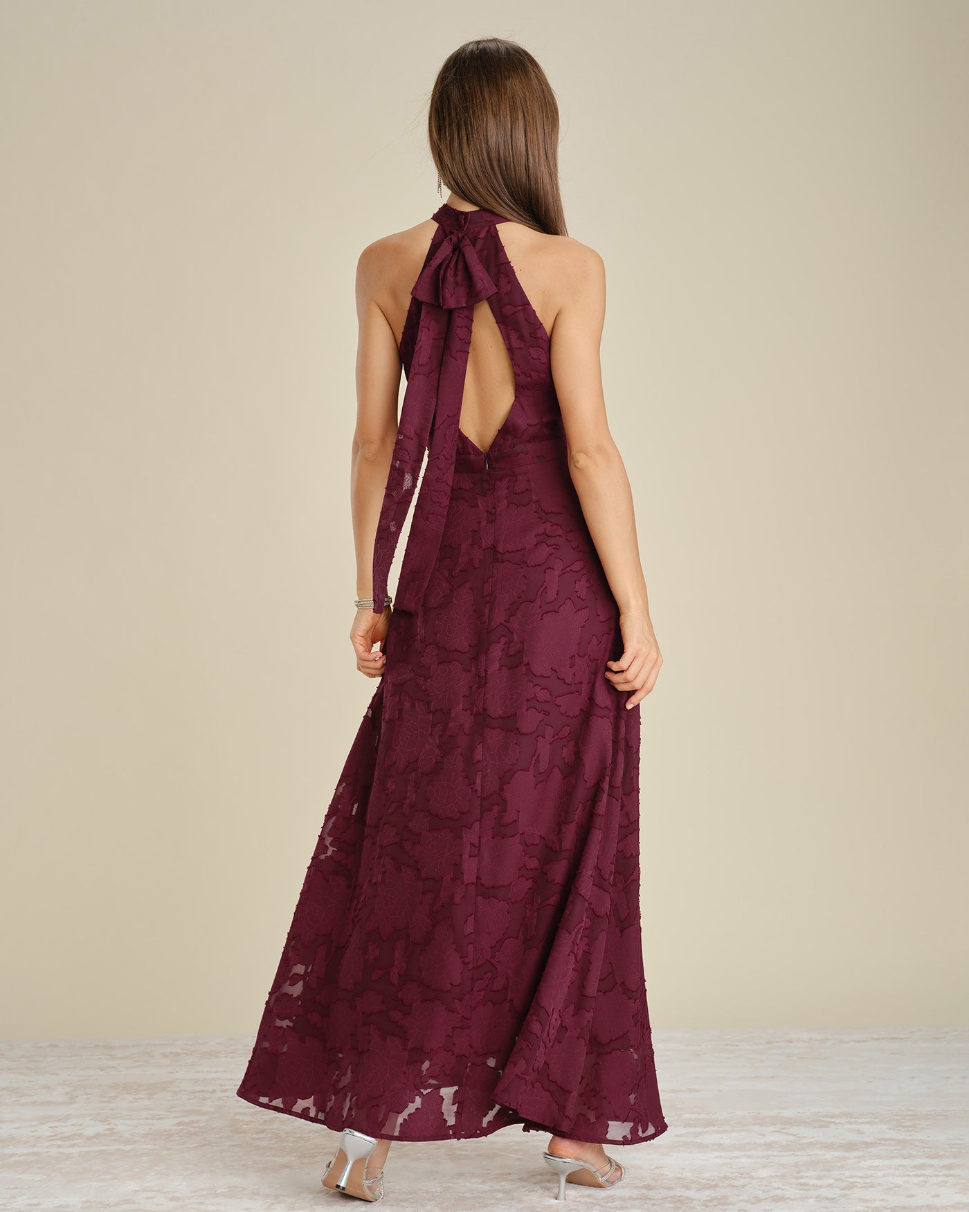 Wine Red Mock Neck Jacquard Maxi Dress
