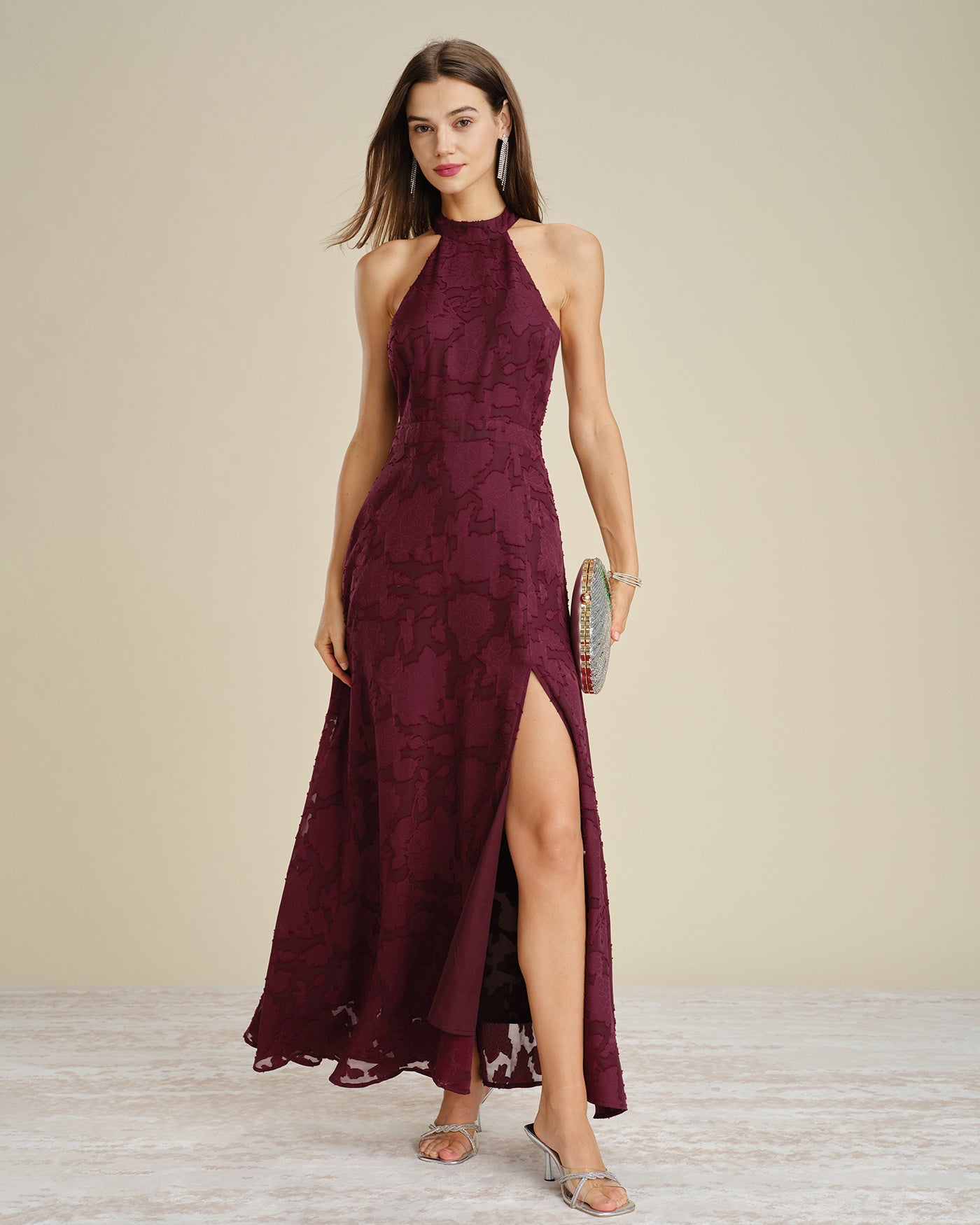 Wine Red Mock Neck Jacquard Maxi Dress