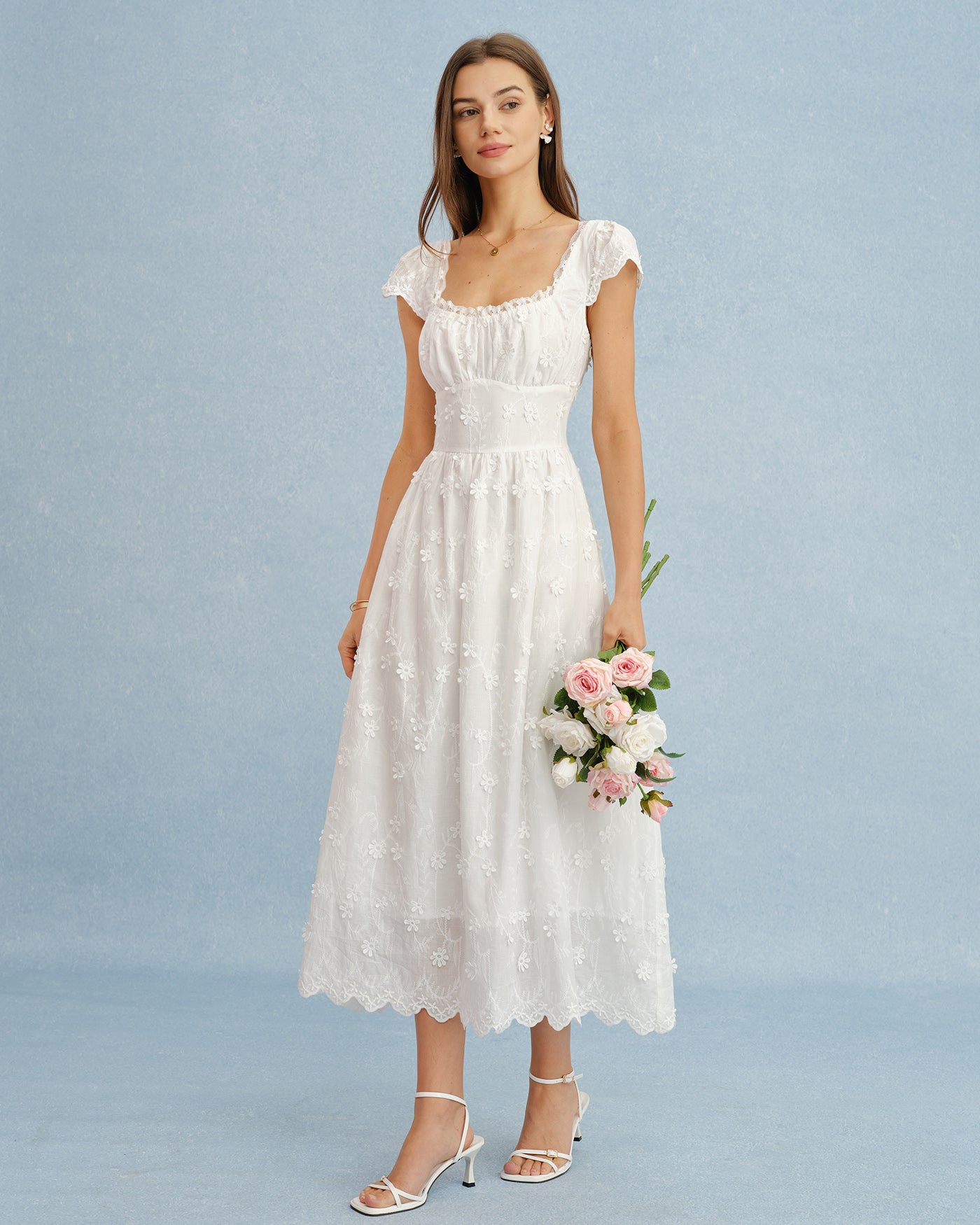 White Square Neck Lace Flowers Maxi Dress