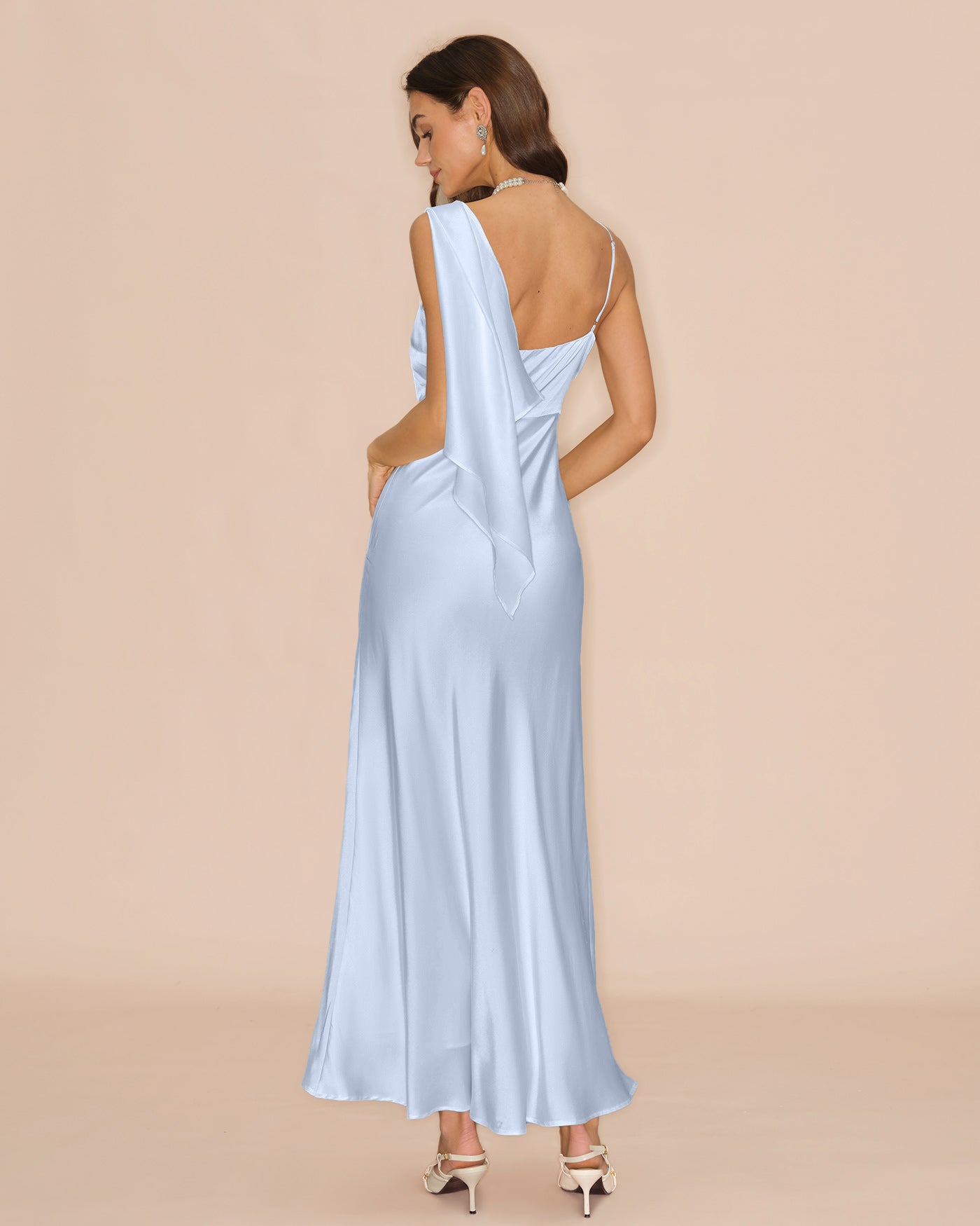 Blue Square Neck Flowy Satin Maxi Dress