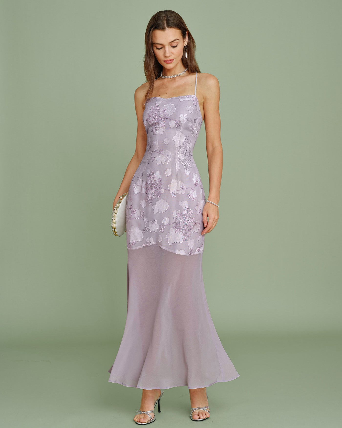 Purple Sequins Jacquard Slip Maxi Dress