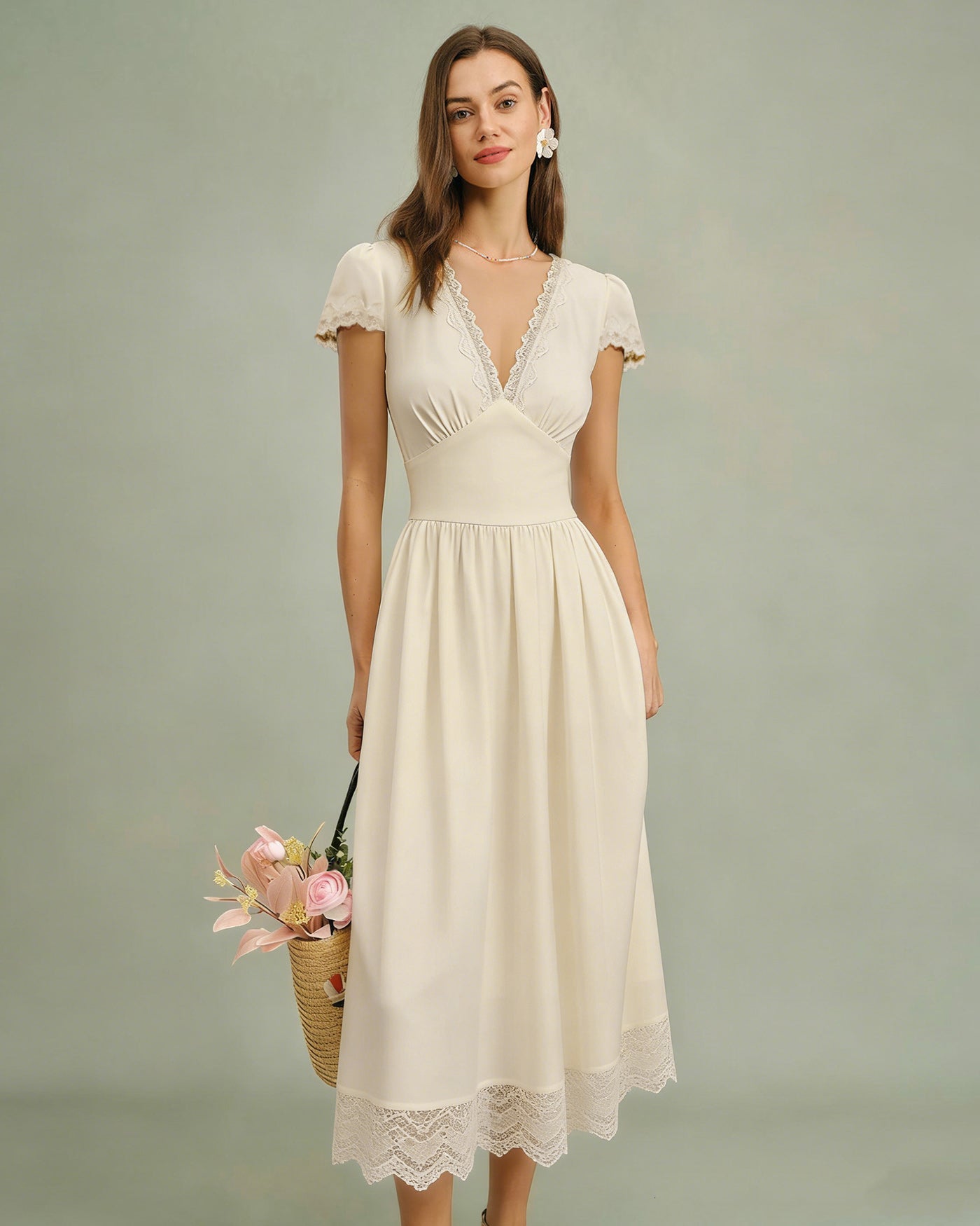 Apricot V Neck Lace Maxi Dress