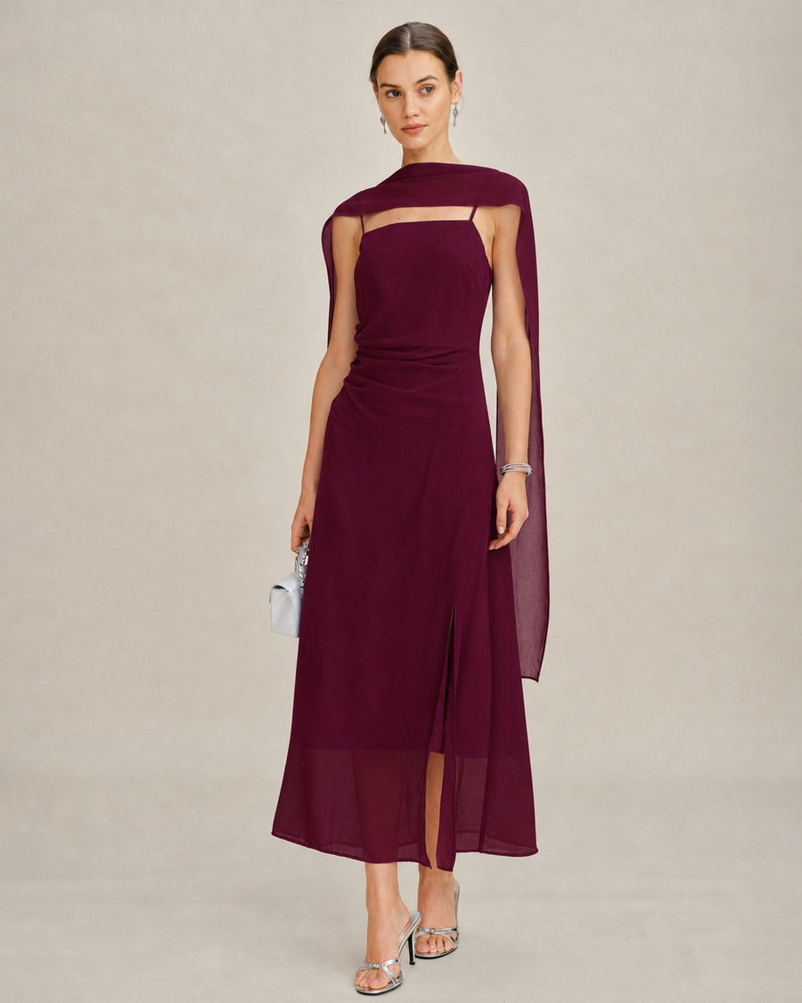 Wine Red Cowl Neck Tie Chiffon Maxi Dress