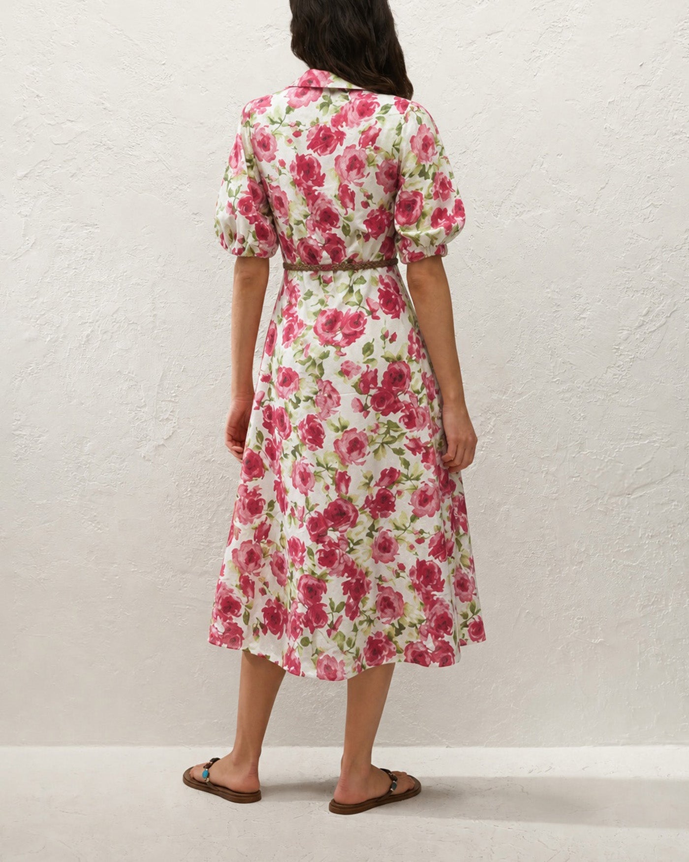 Pink Collar Belt Floral Maxi Dress