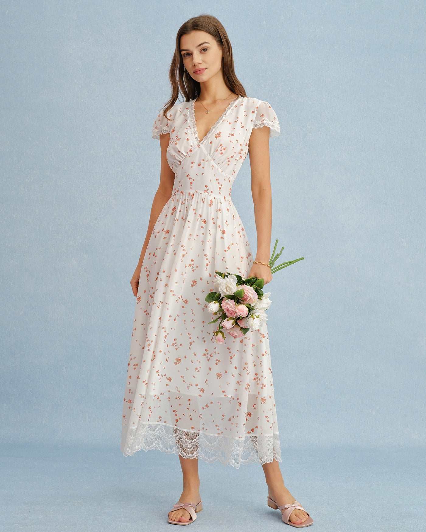 Off White V Neck Lace Floral Maxi Dress