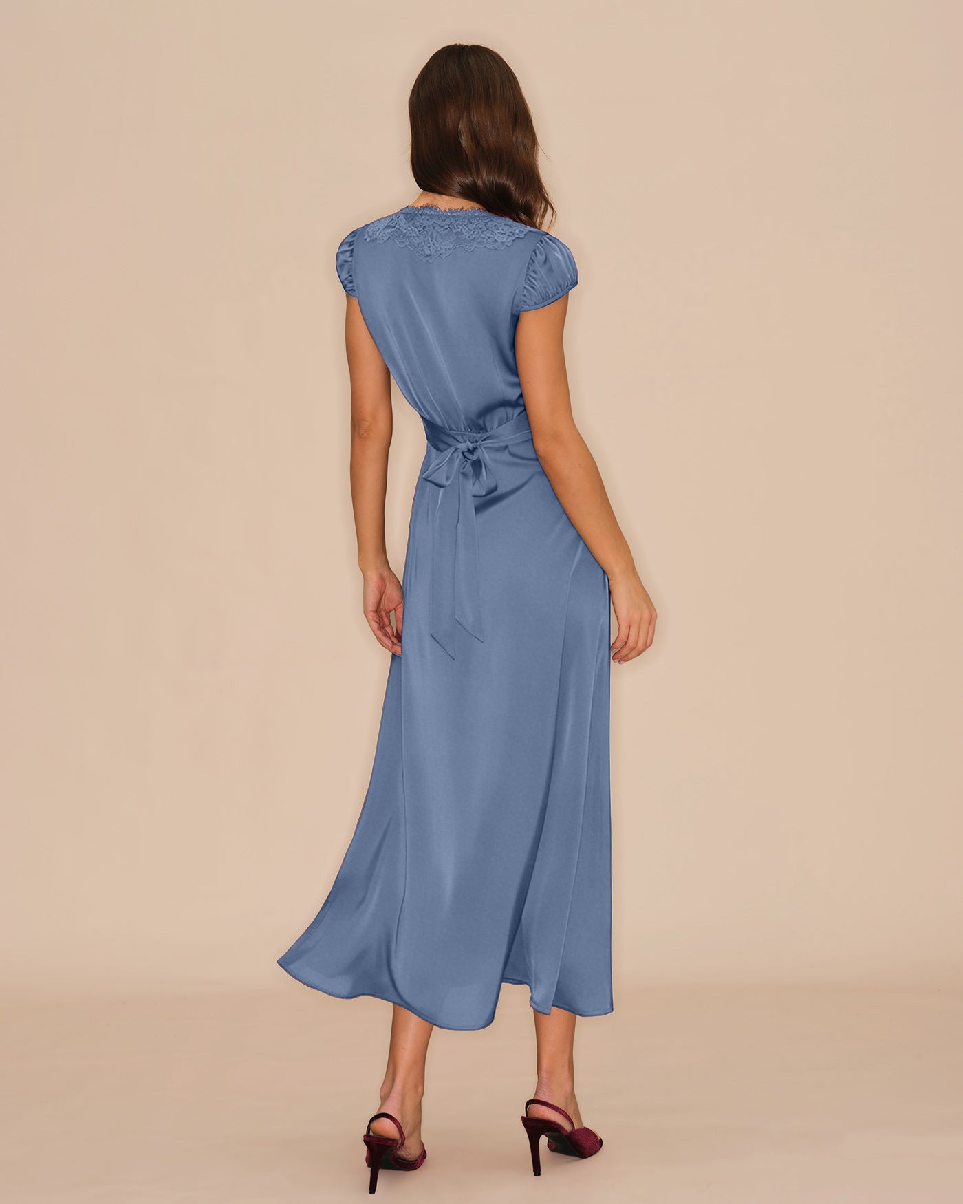 Blue V Neck Lace Tie Maxi Dress