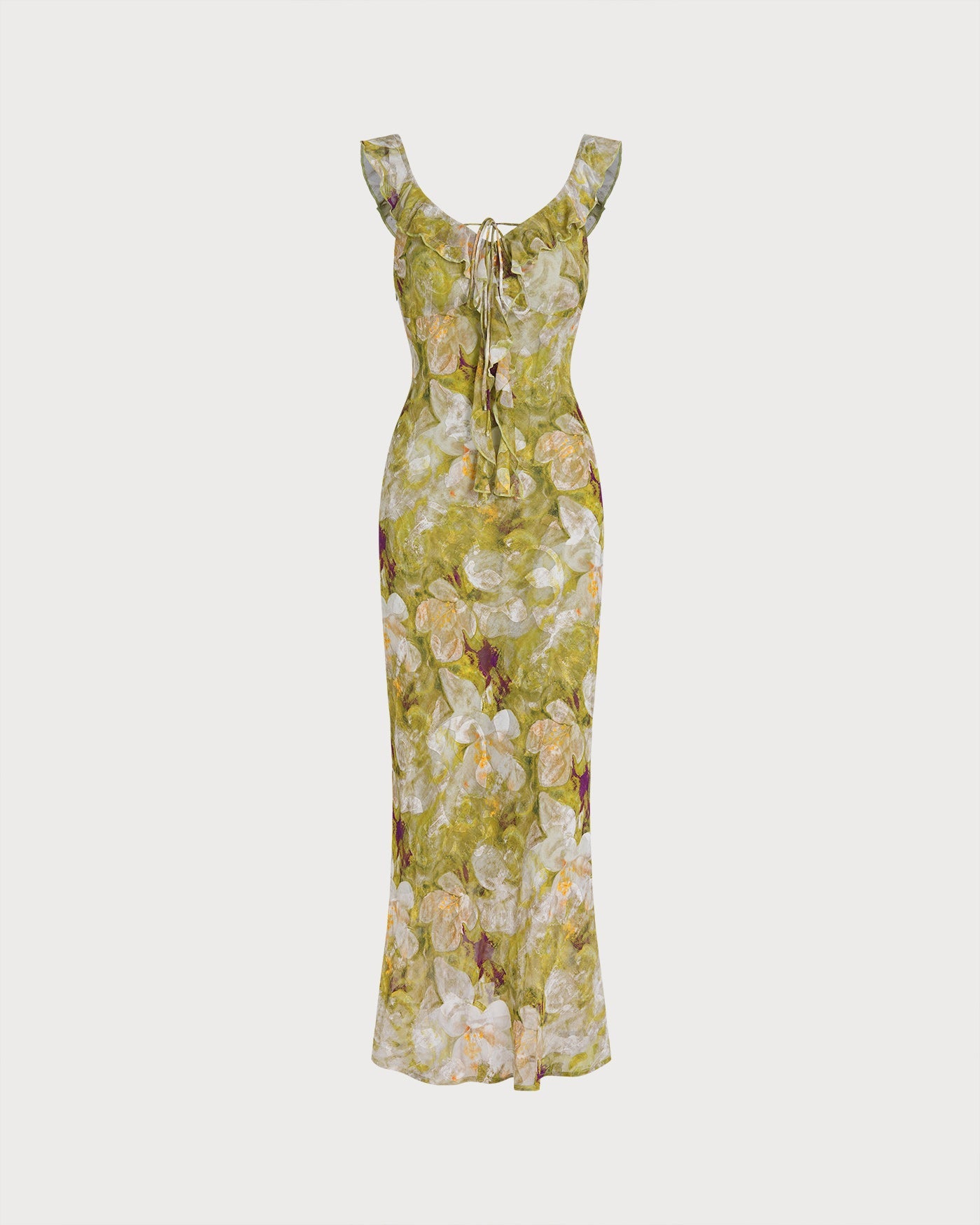 Green V Neck Floral Ruffle Maxi Dress