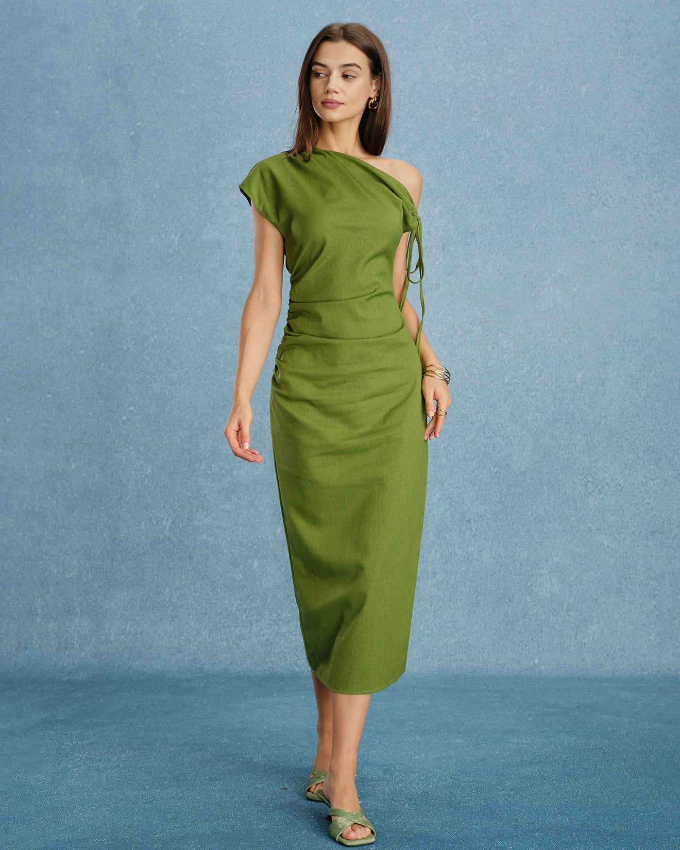 Green One Shoulder Ruched Maxi Dress
