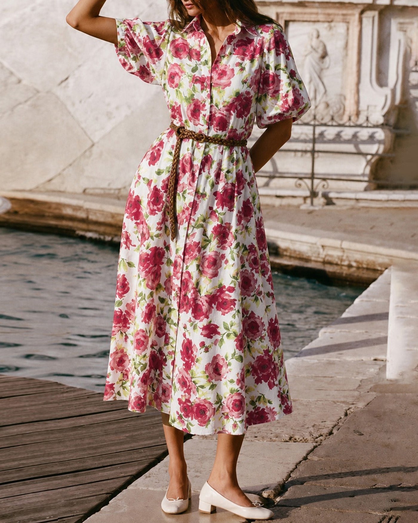 Pink Collar Belt Floral Maxi Dress