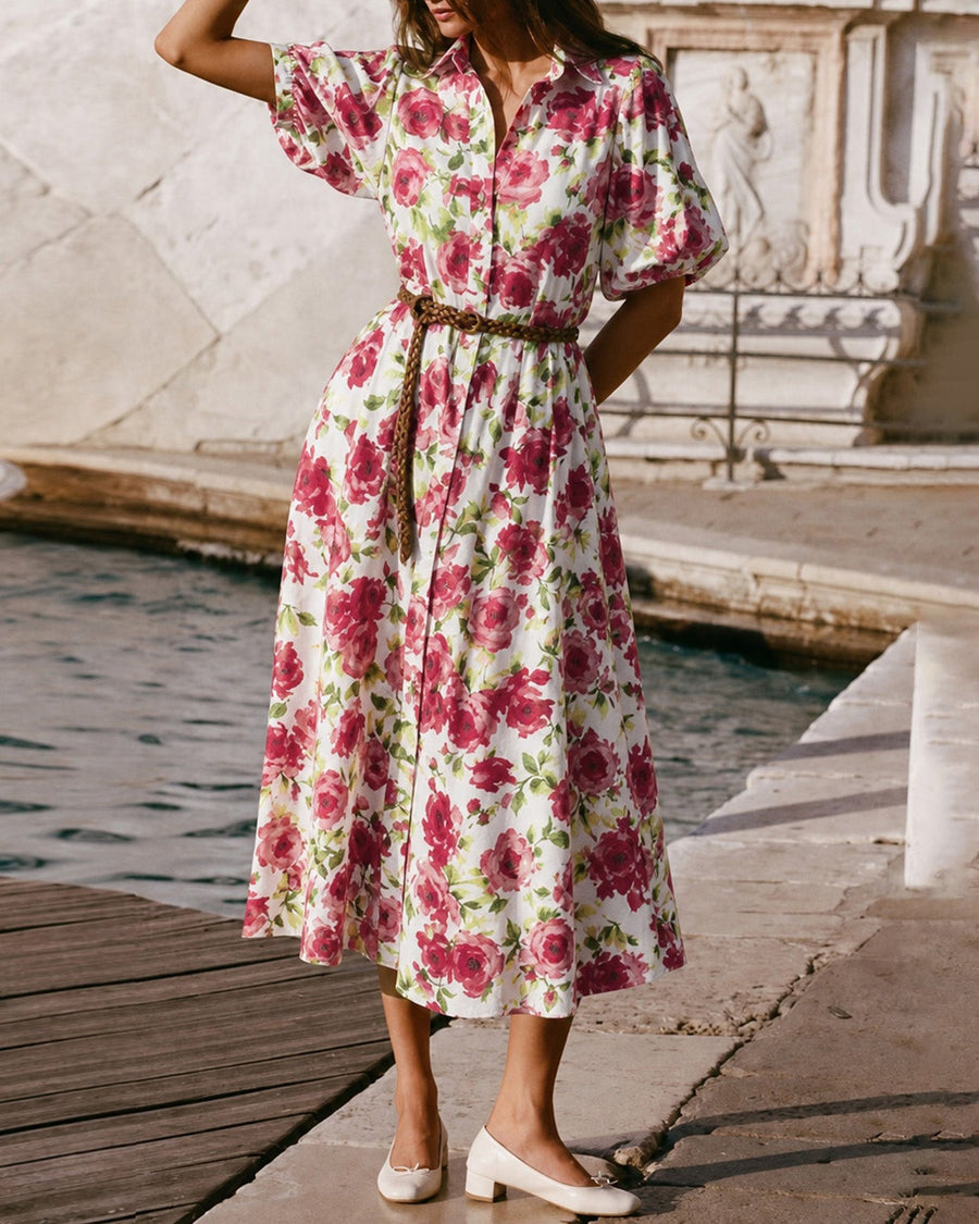 Pink Collar Belt Floral Maxi Dress